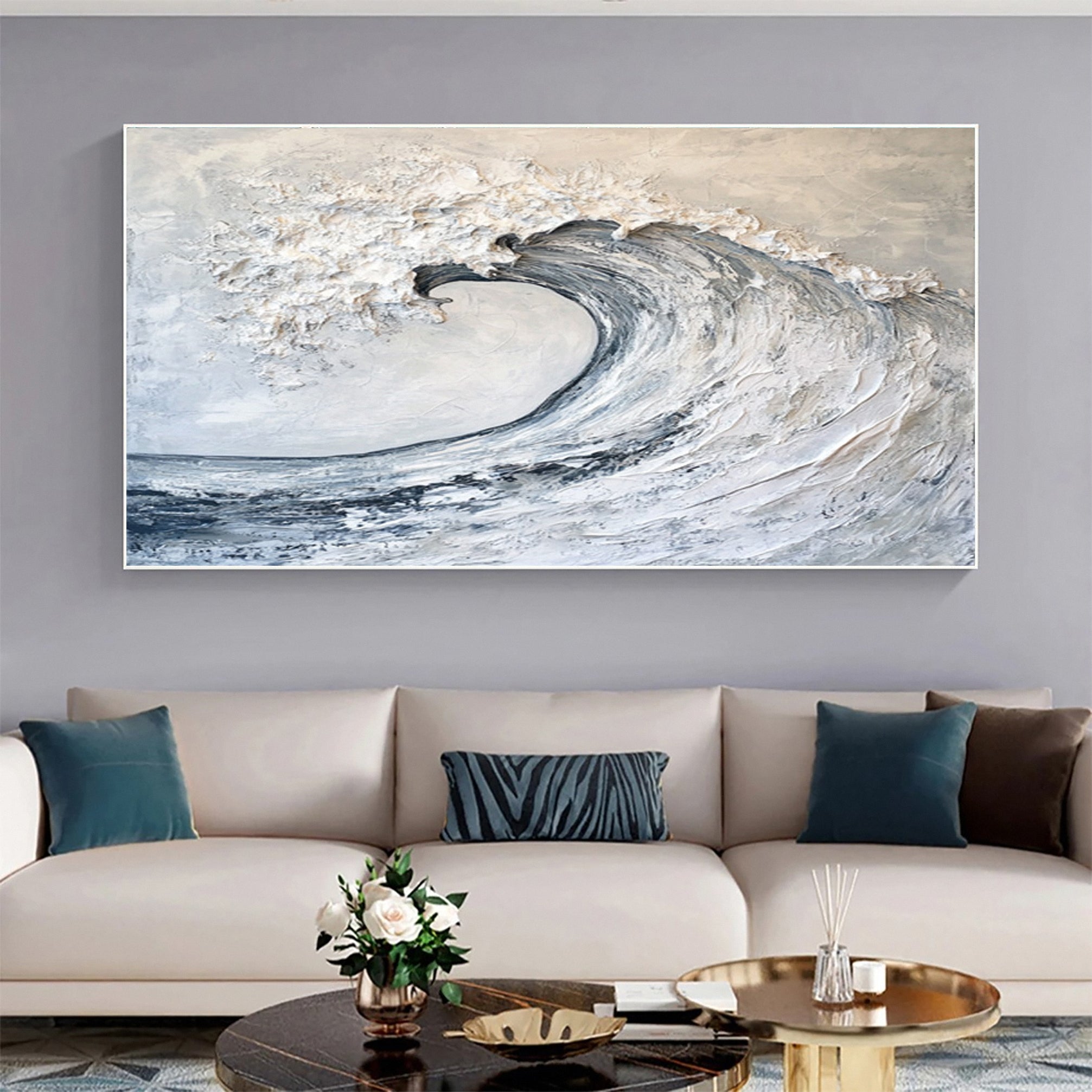 Luxury Ocean Wave Art Neutral Textured Canvas Decor #OP025