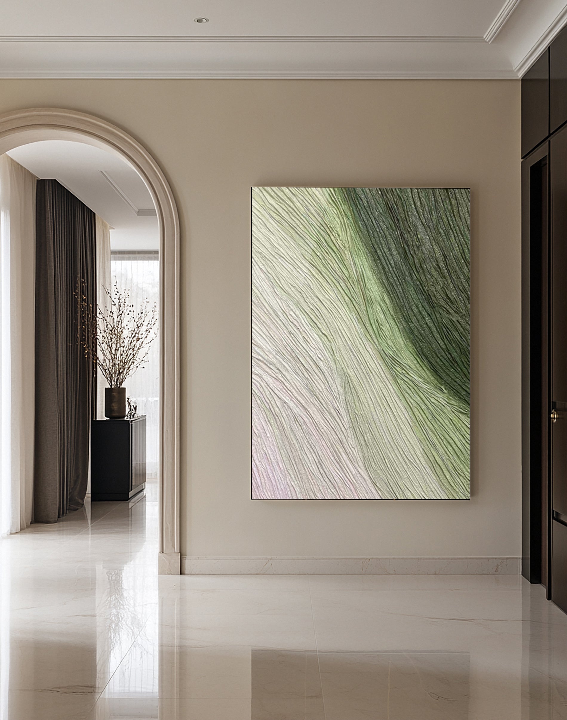 Contemporary Abstract Art with Gentle Green and Neutral Lines #MM633