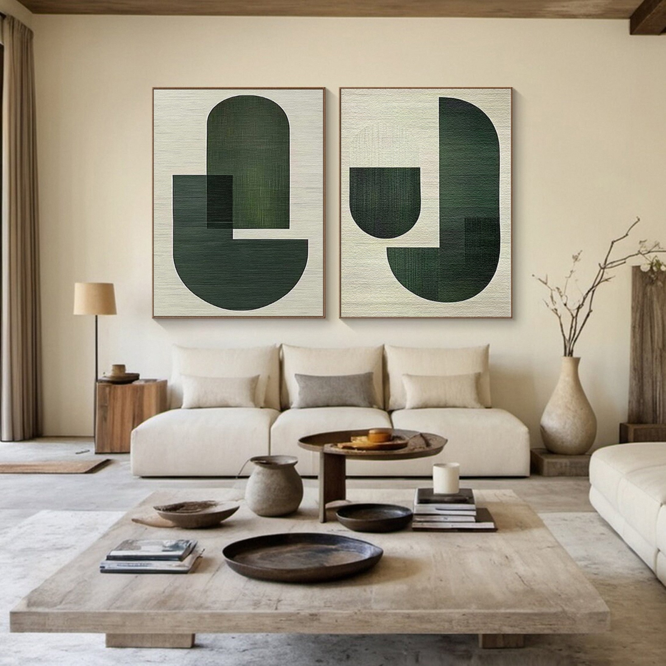 Modern Geometric Canvas Wabi Sabi Art Green and Beige Diptych #MMS059