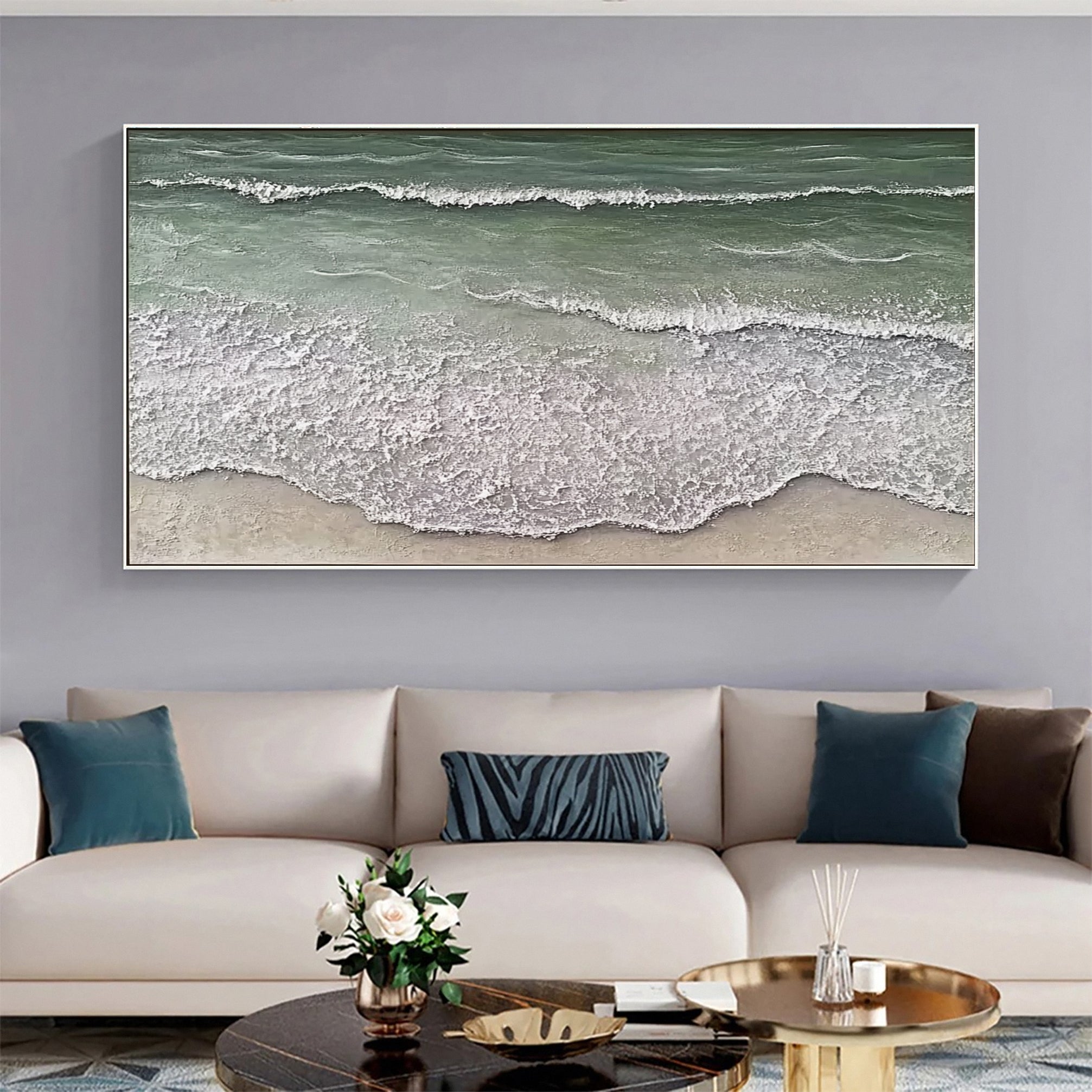 Large Beach Canvas Art Tranquil Green Ocean Wall Decor #OP050