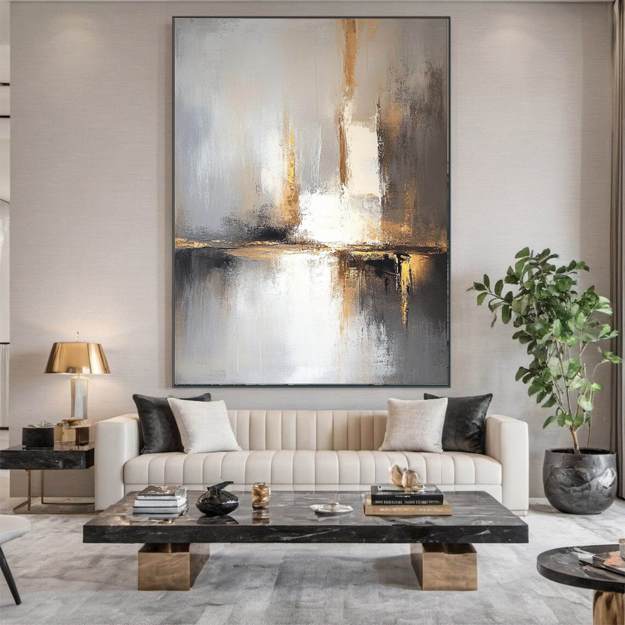 Elegant Abstract Painting in Gold and Grey Tones