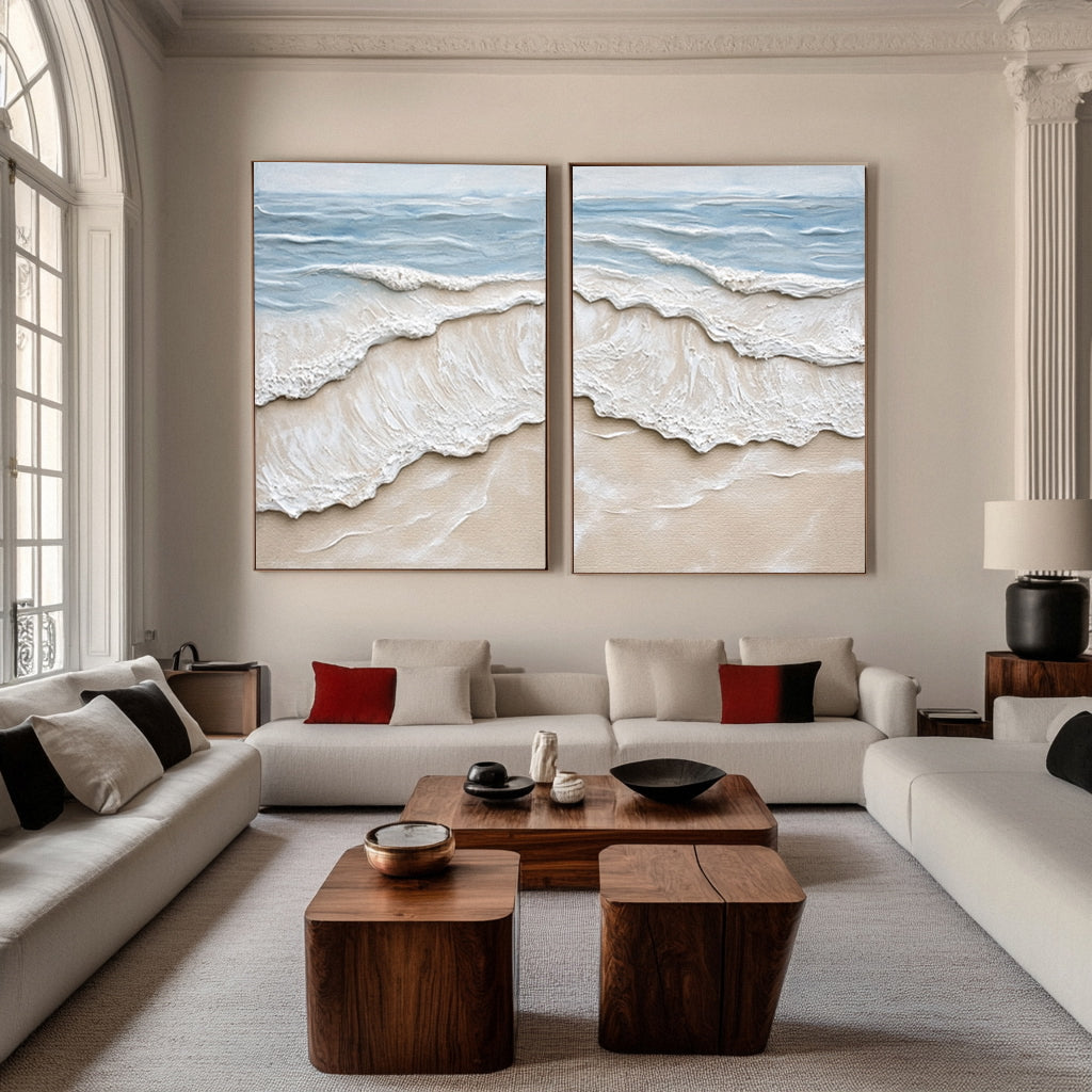 Textured Coastal Wash Diptych: Aerial Seascape with 3D Waves #MM641