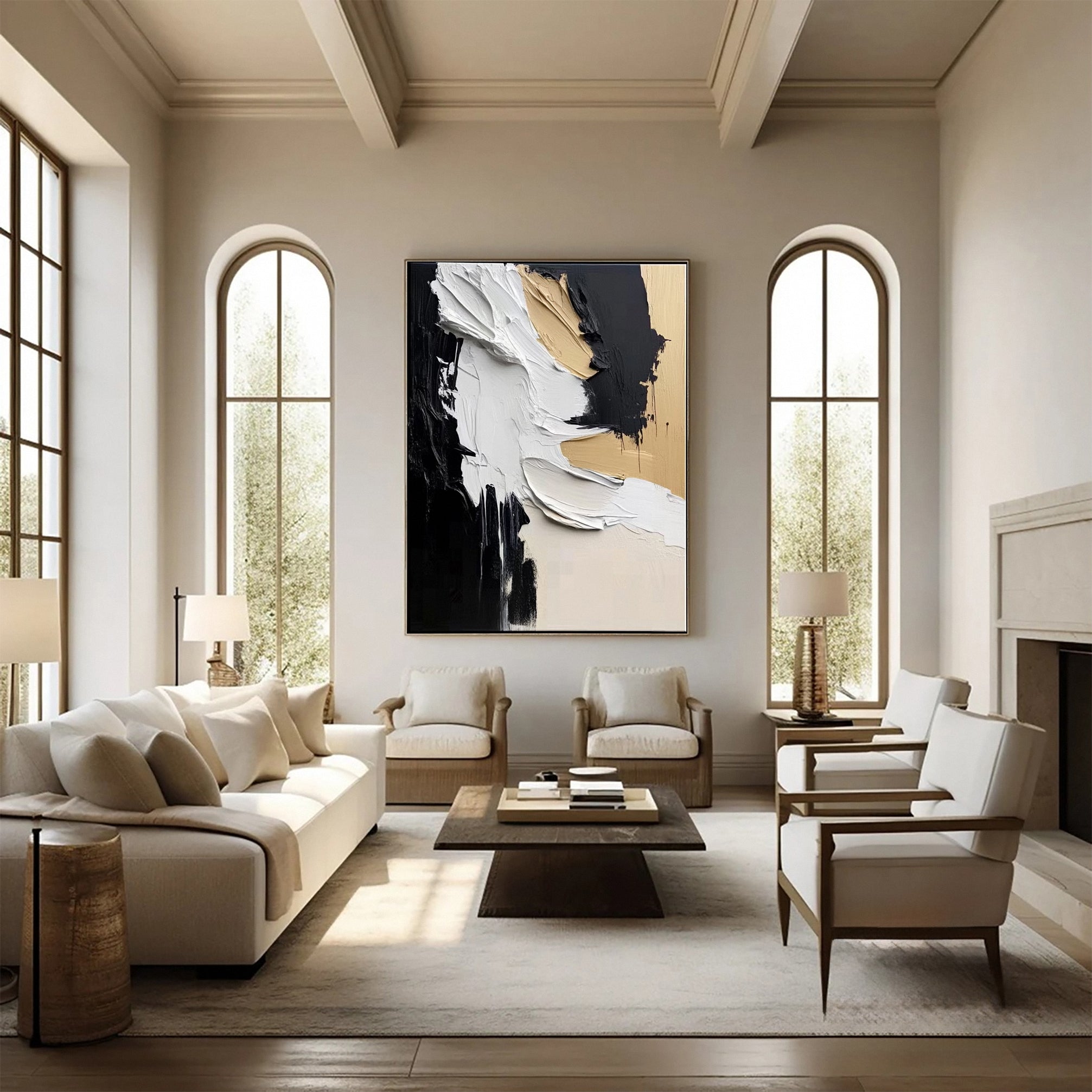 Modern Abstract Black & Beige Canvas Art Textured Elegance #MM134