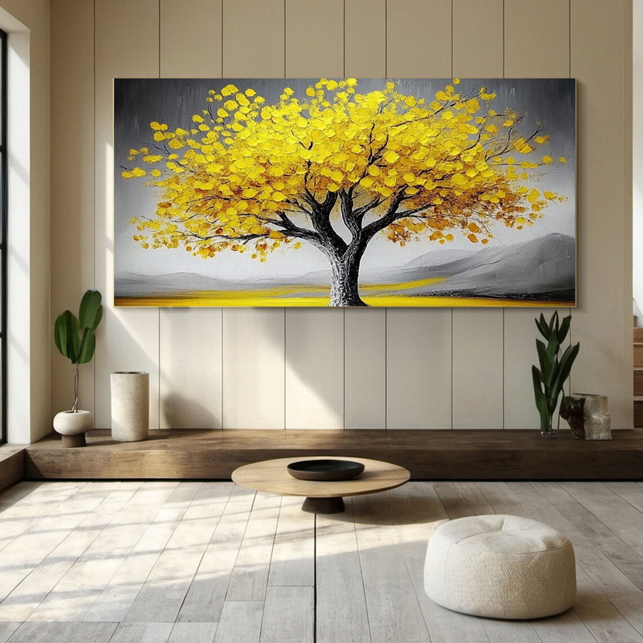 Large Abstract Tree Wall Art Yellow Color and Dynamic Texture #TP029