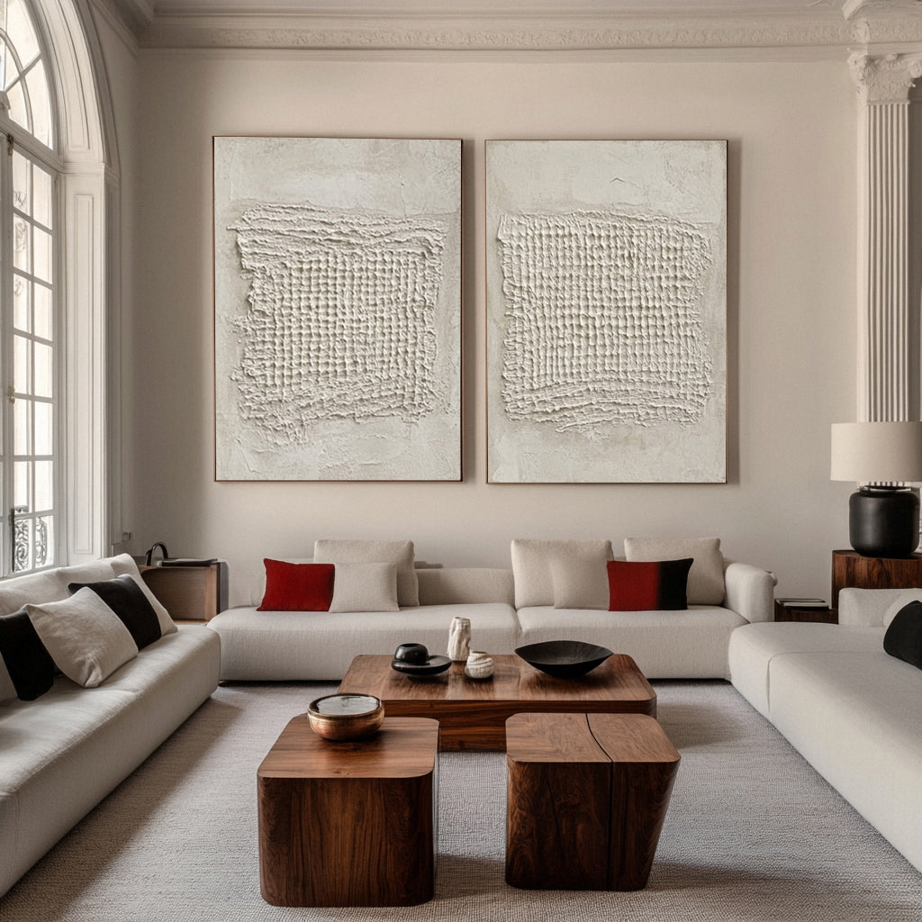 Sculpted Neutral Grid Diptych: Minimalist with Central Textures #MM603