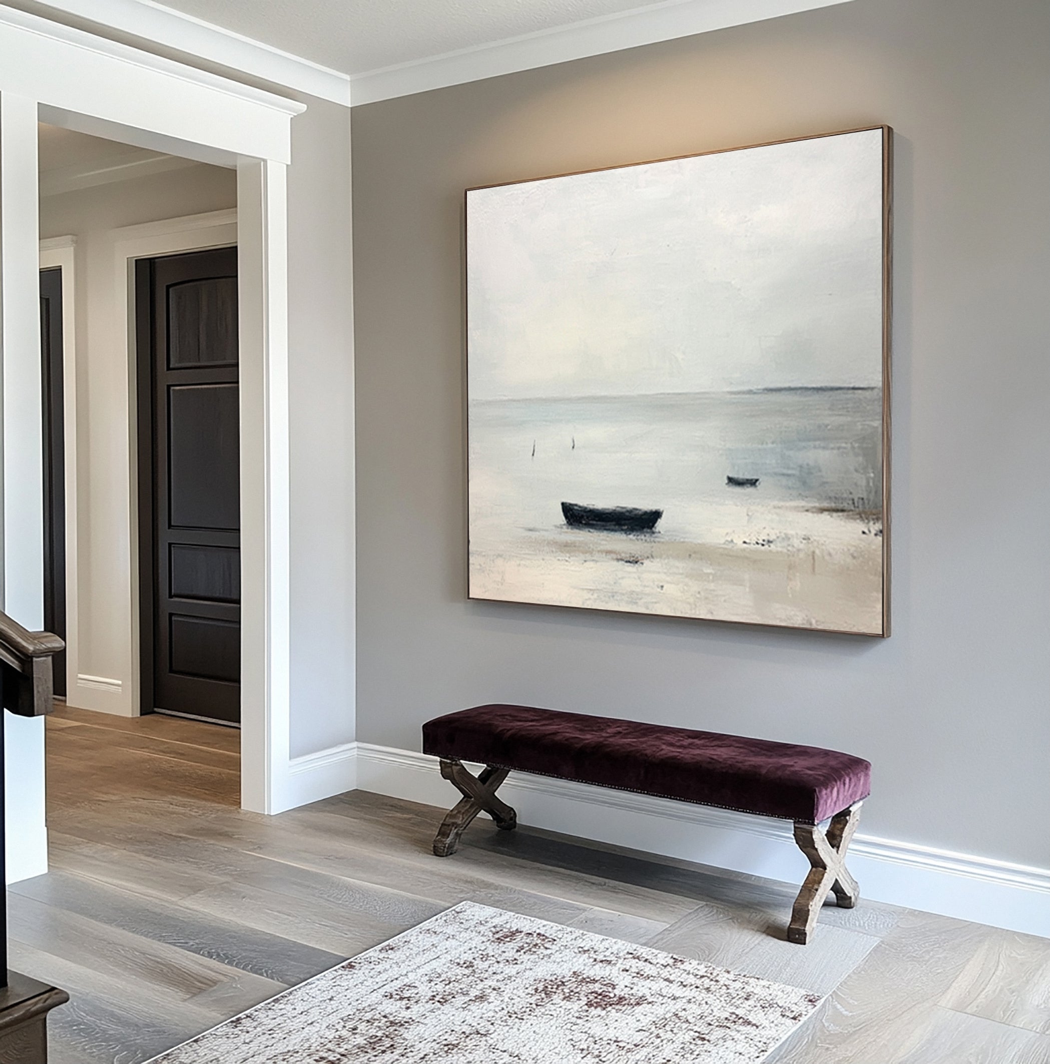 Quiet Coastal Solitude: Minimalist Beach Painting with Rowboat #MM631