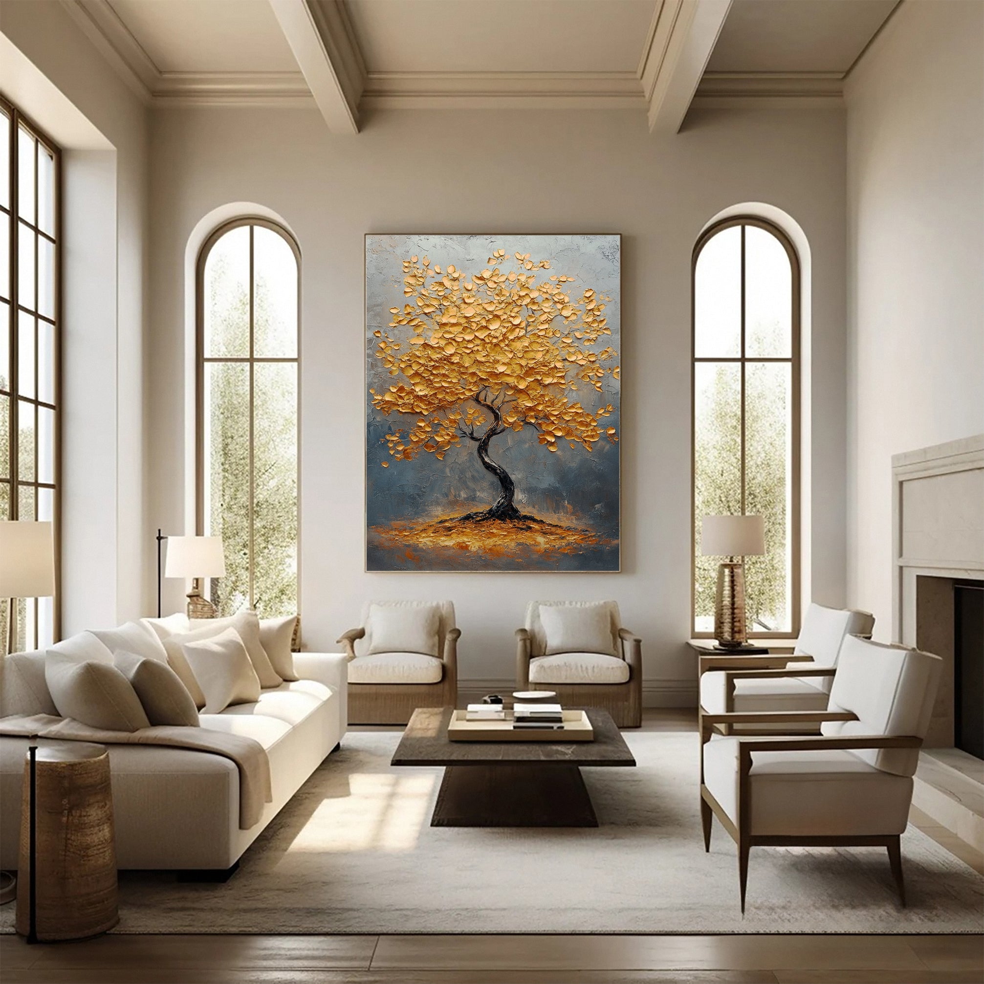 Golden Tree Wall Art Luxury Textured Canvas Painting For House #TP040