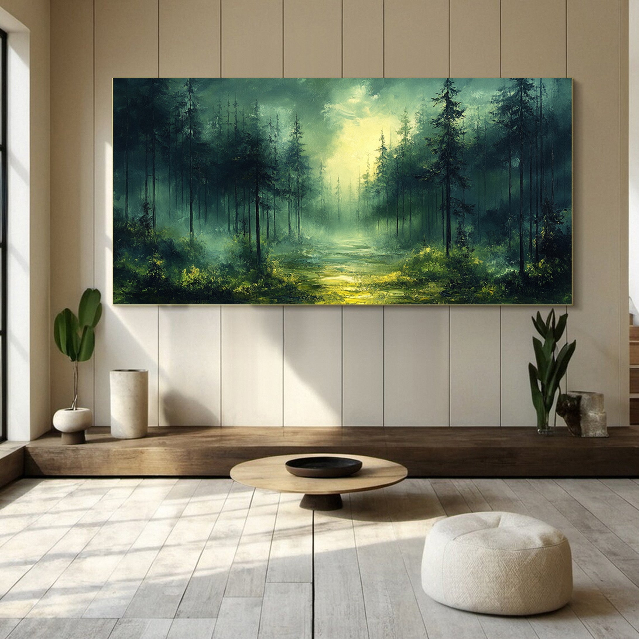 Green Forest Sunrise Canvas Large Landscape Wall Art for Home #TP036