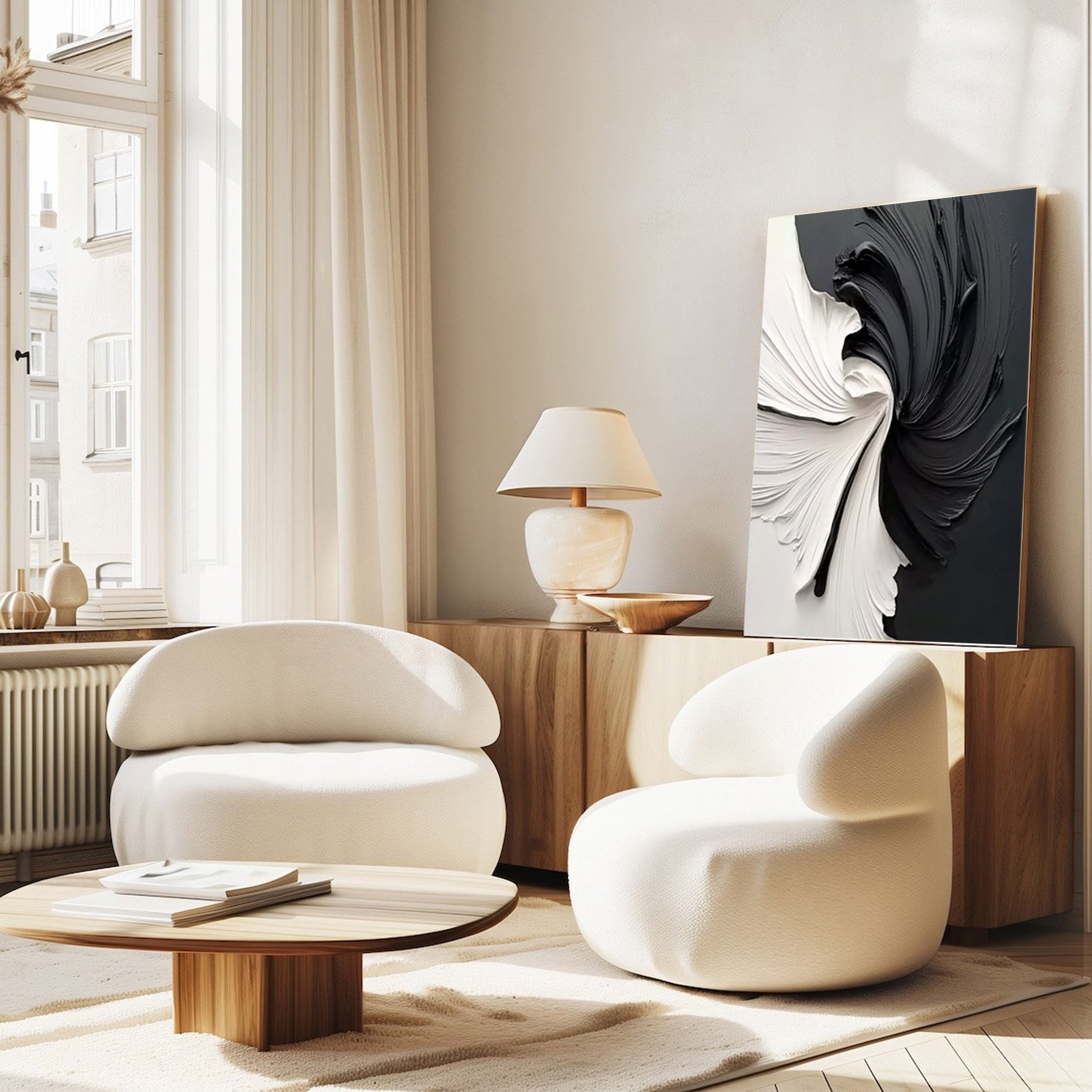 Oversized Black and White Textured Swirl Art Minimalist Decor #MM153