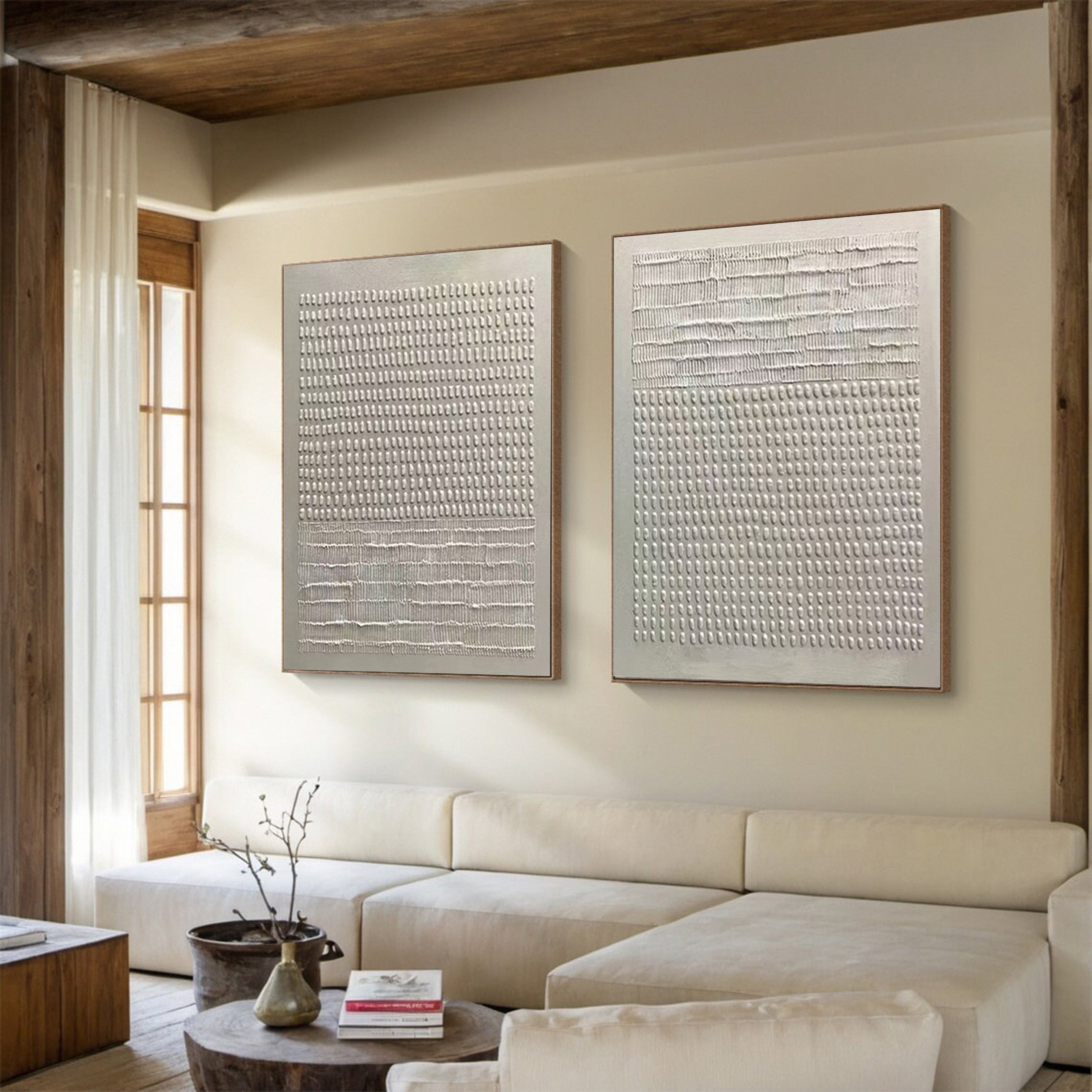 Organic Linear Impressions:Modern Diptych with Textured Bands #MM624
