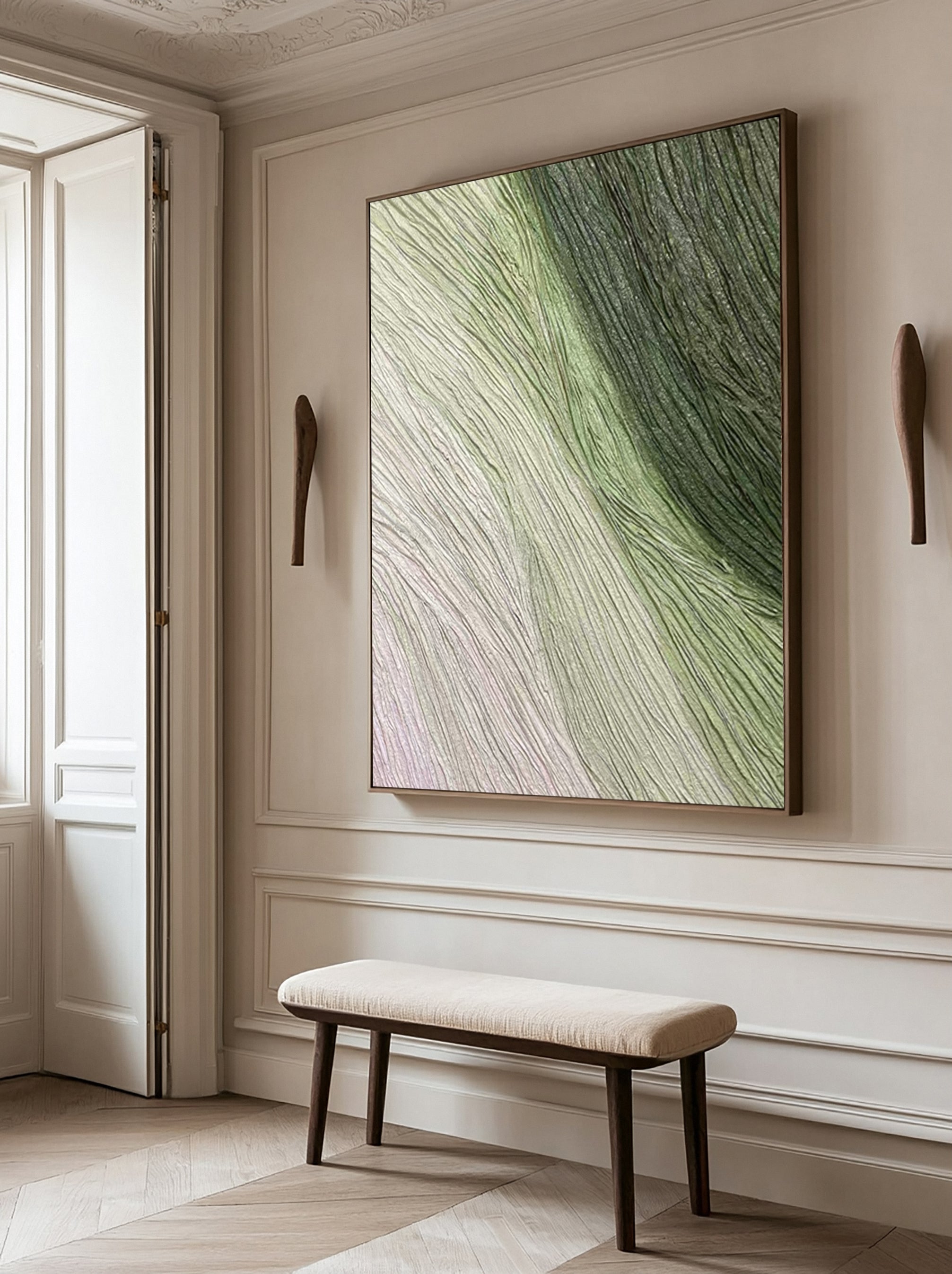 Contemporary Abstract Art with Gentle Green and Neutral Lines #MM633