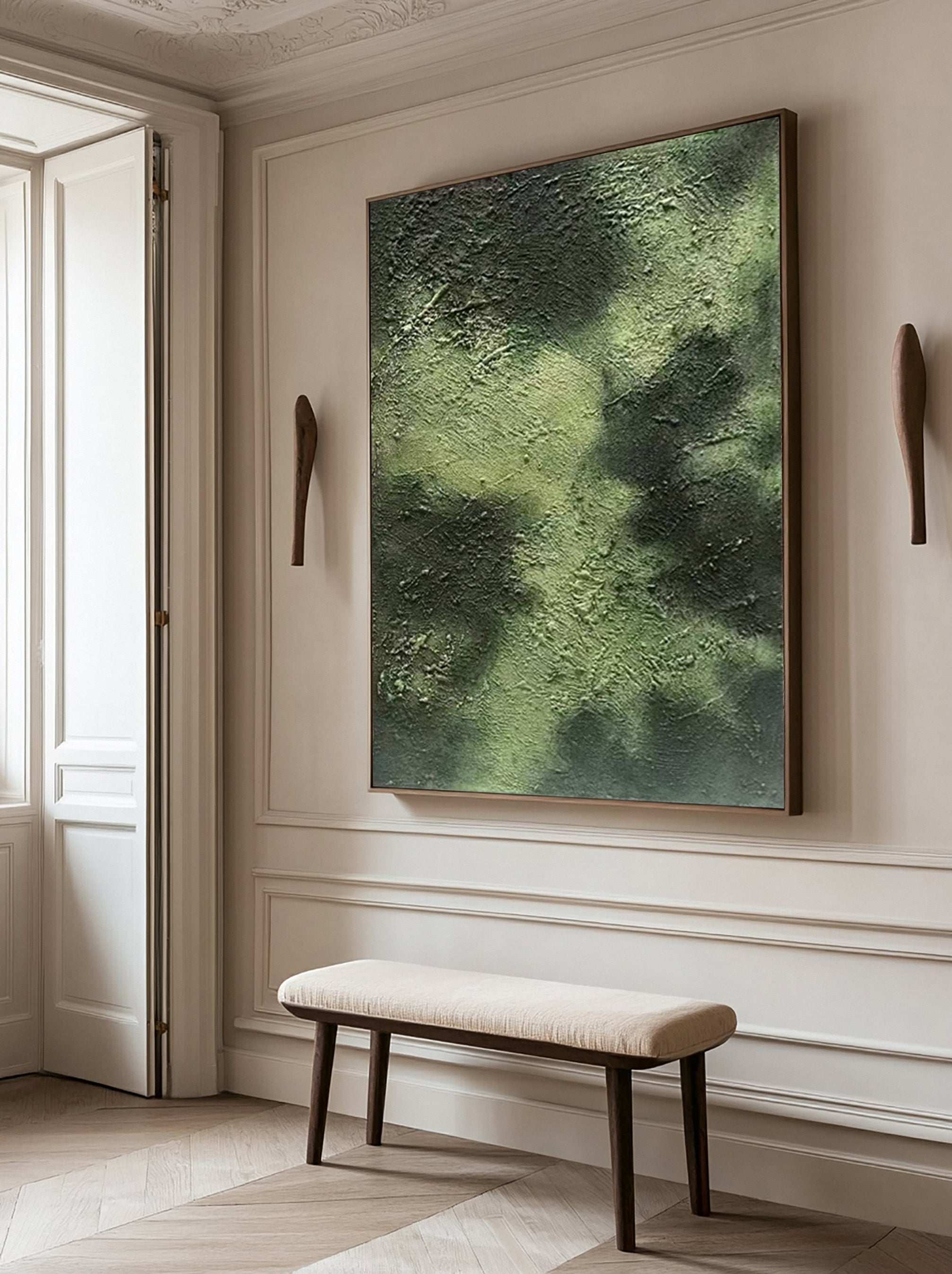 Textured Verdant Depths: Abstract Art in Layered Greens #MM635