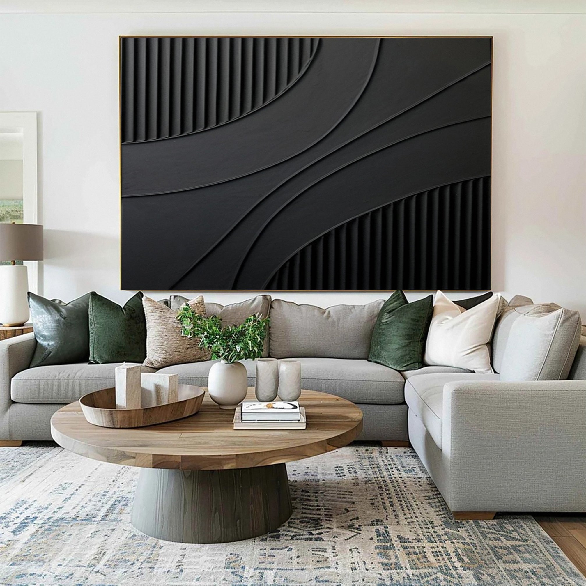 Deep Shadow Contours: Modern Black Art with Textured Bands #MM612