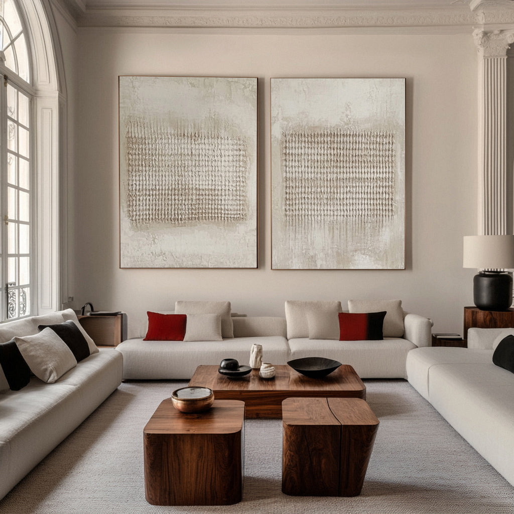 Neutral Grid Texture Diptych: Minimalist Abstract with Markings #MM605