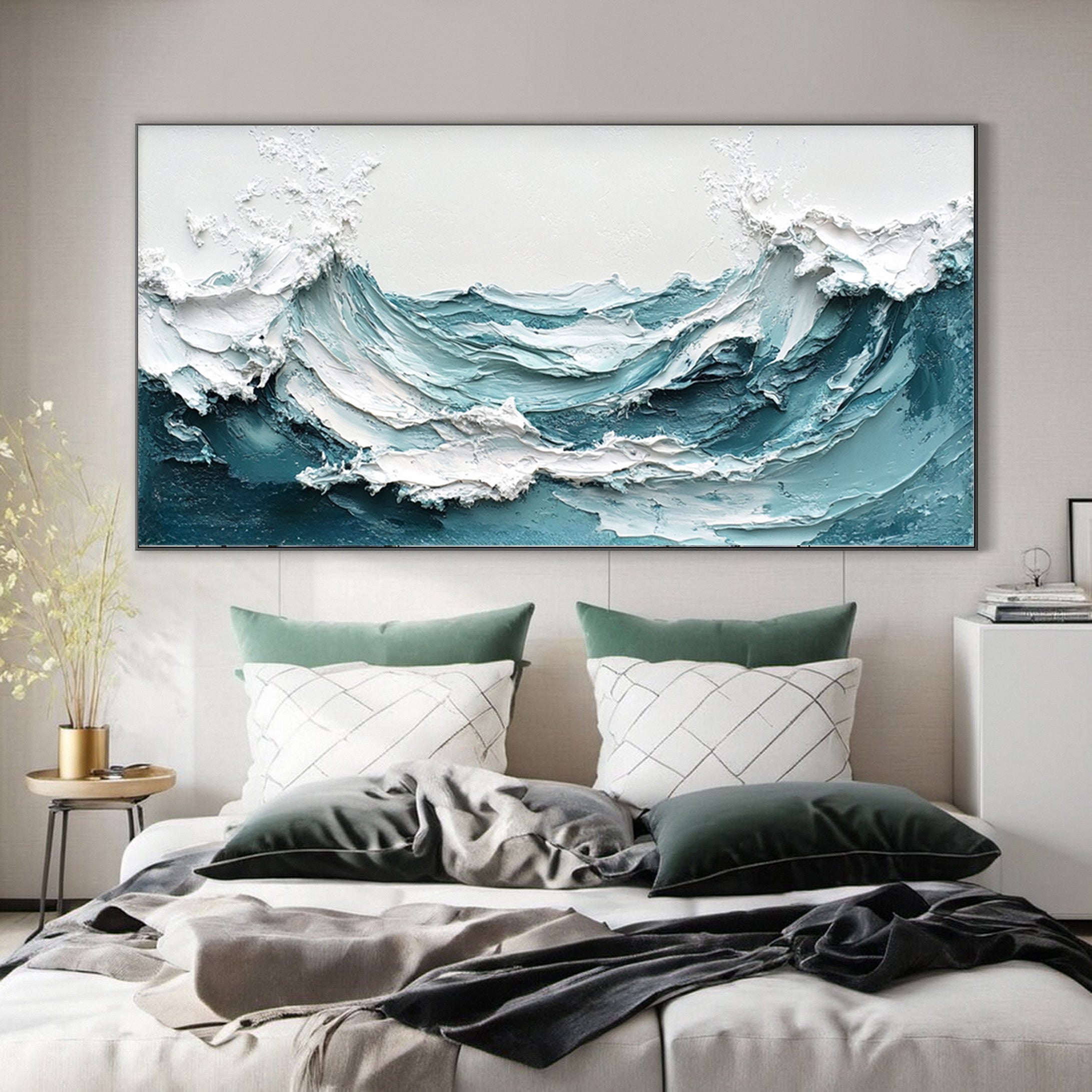 Chic Blue Wave Painting for Sophisticated Homes Decor #OP016