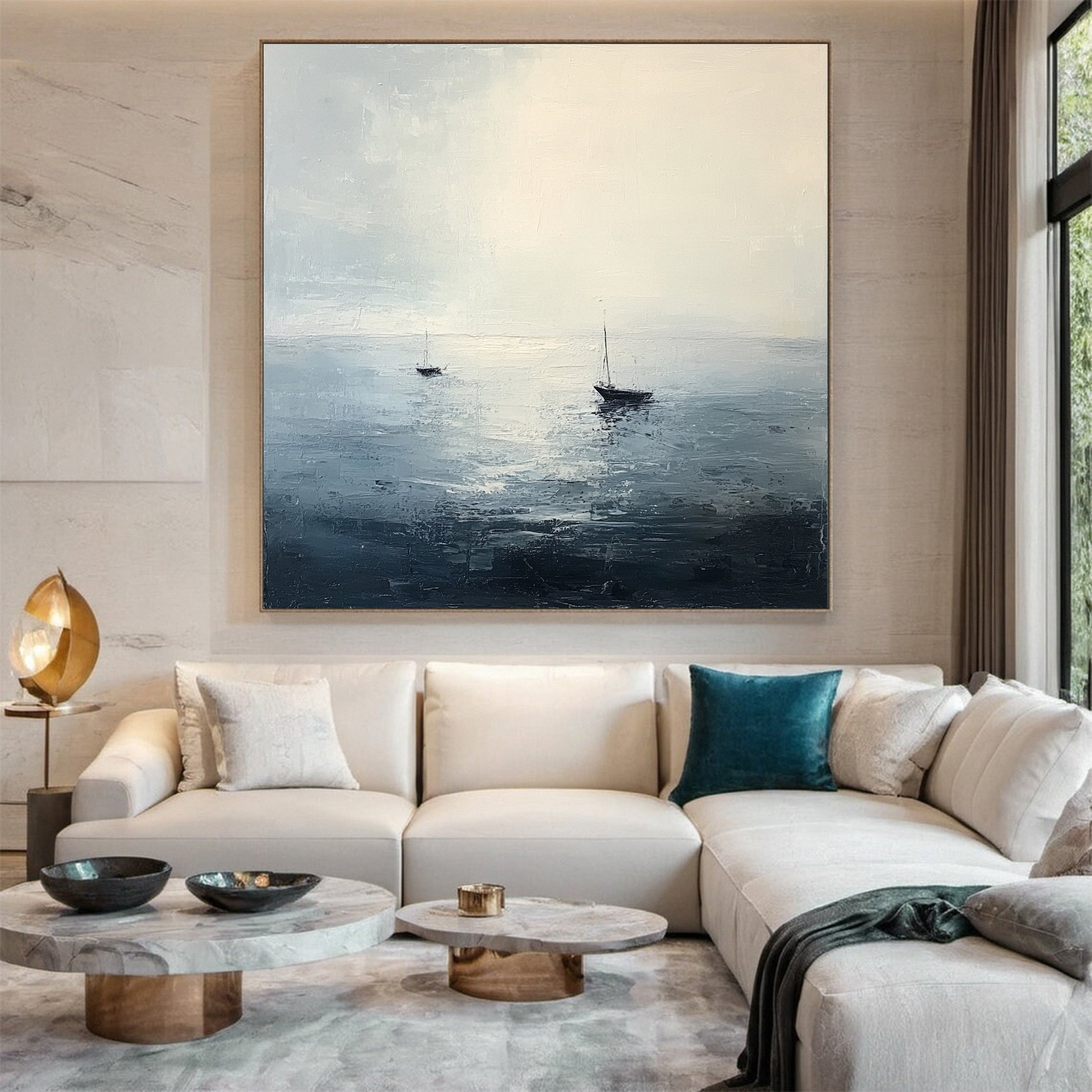 Tranquil Ocean Painting with Sailboats for Modern Homes #AB031