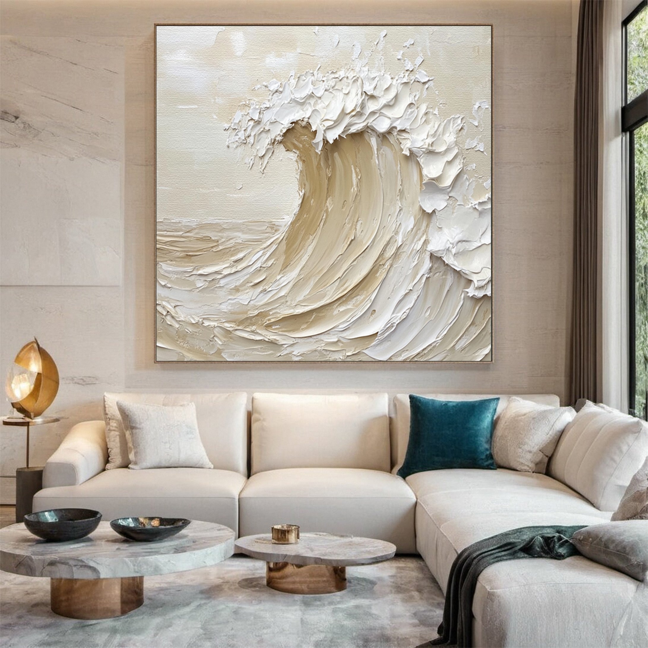 Handcrafted Neutral Wave Art Textured Coastal Canvas #OP046