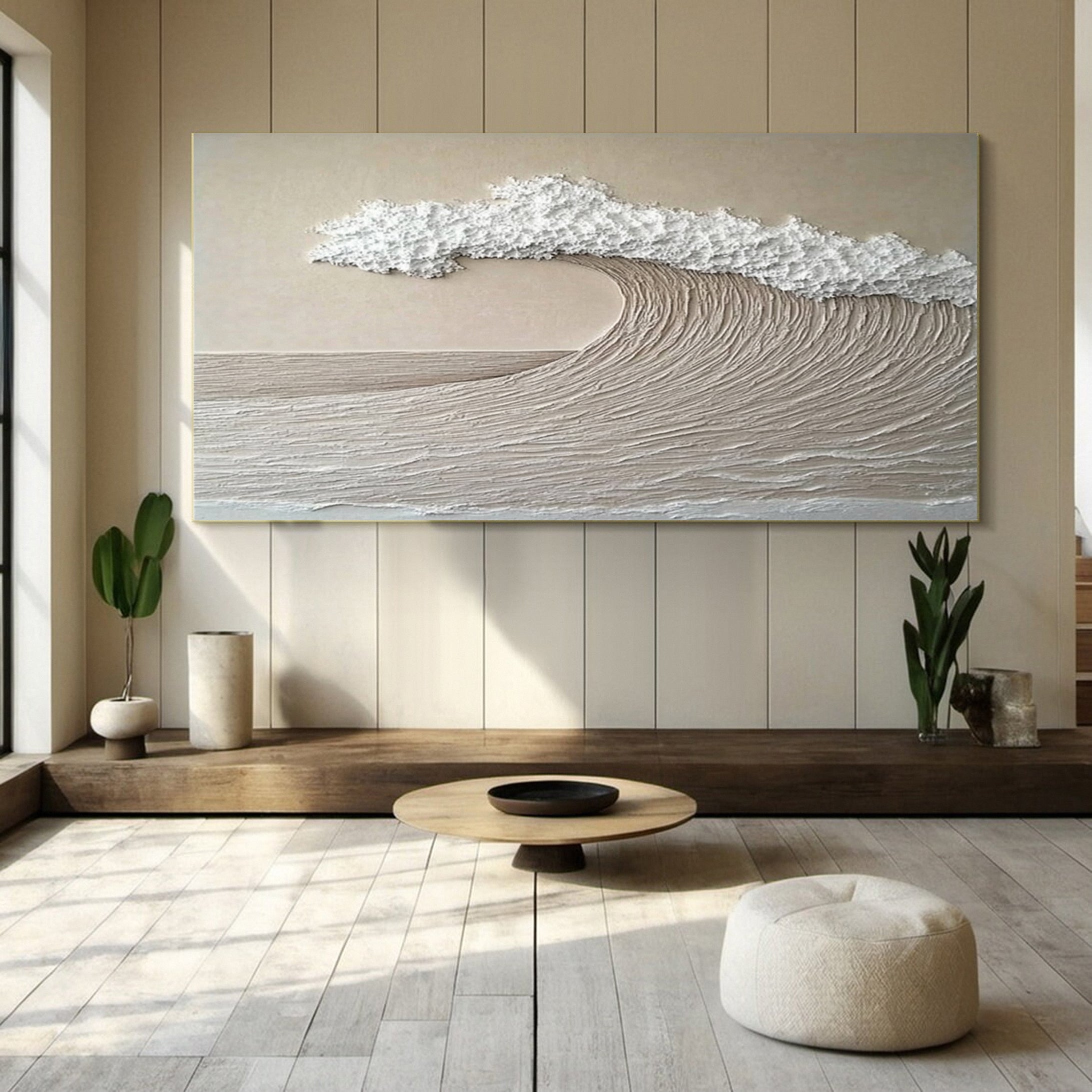 Minimalist Wave Wall Art Textured Neutral Coastal Canvas #OP044