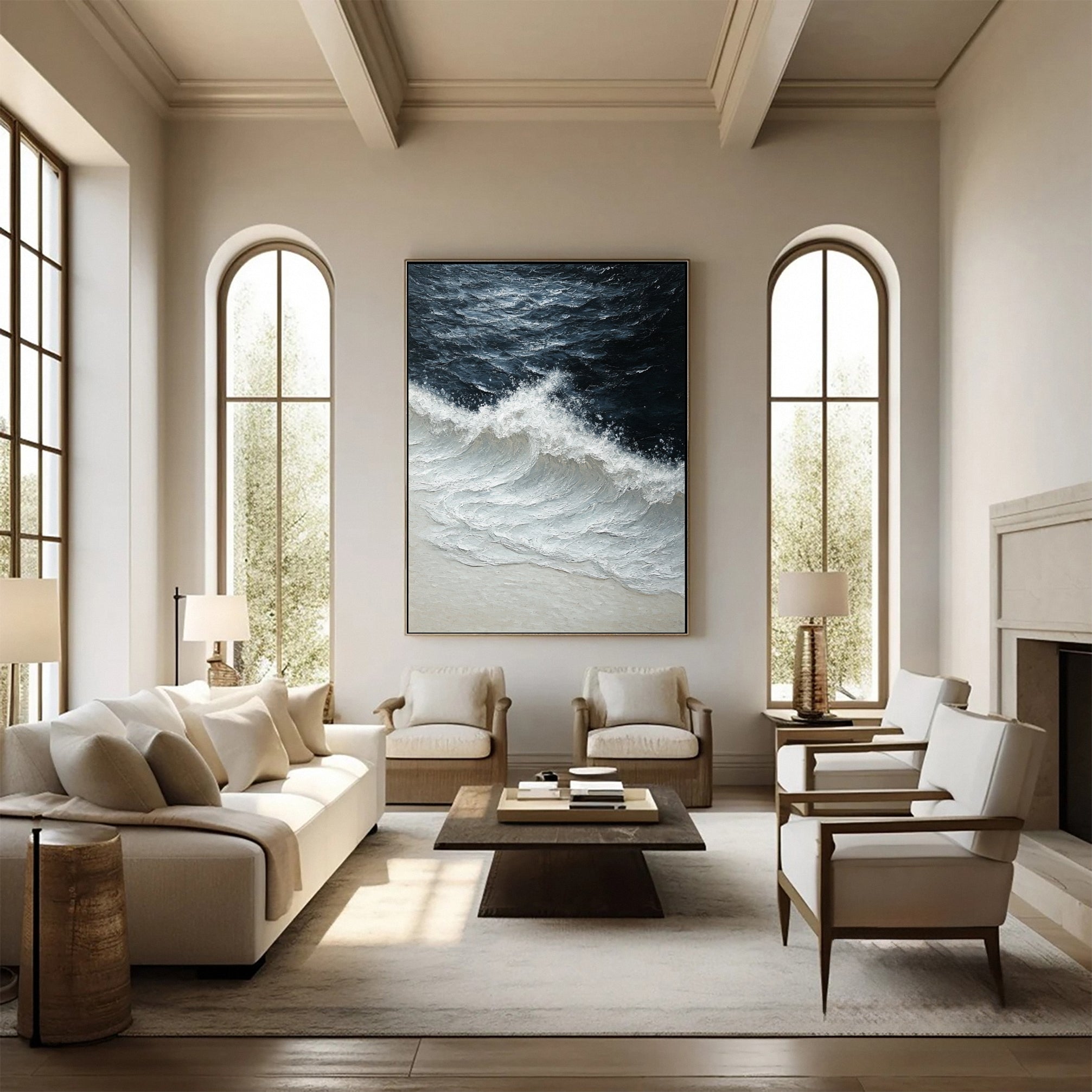 Modern Coastal Wall Art White Textured Ocean Canvas #OP037