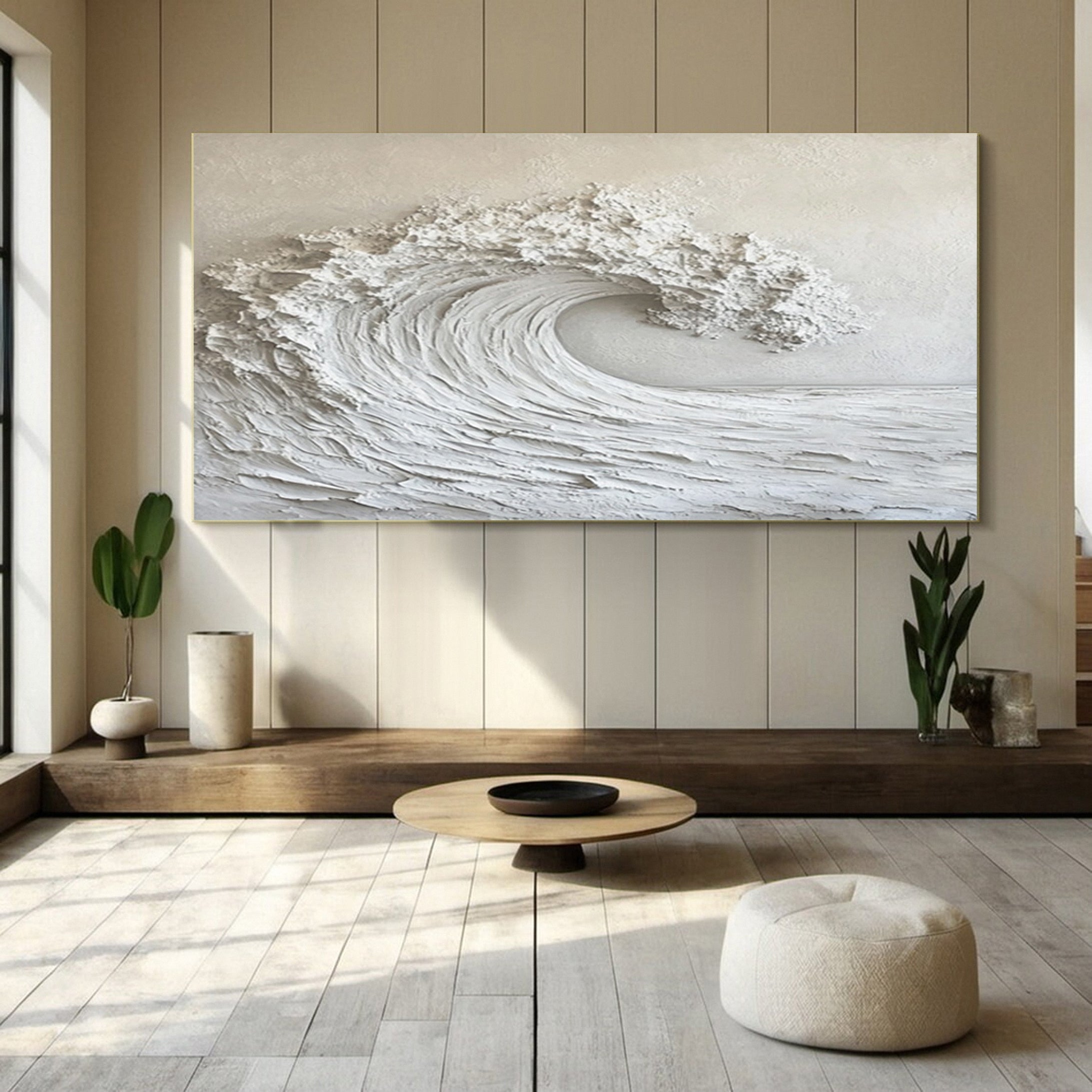 Modern Neutral Wave Art Large Coastal Canvas Decor #OP026