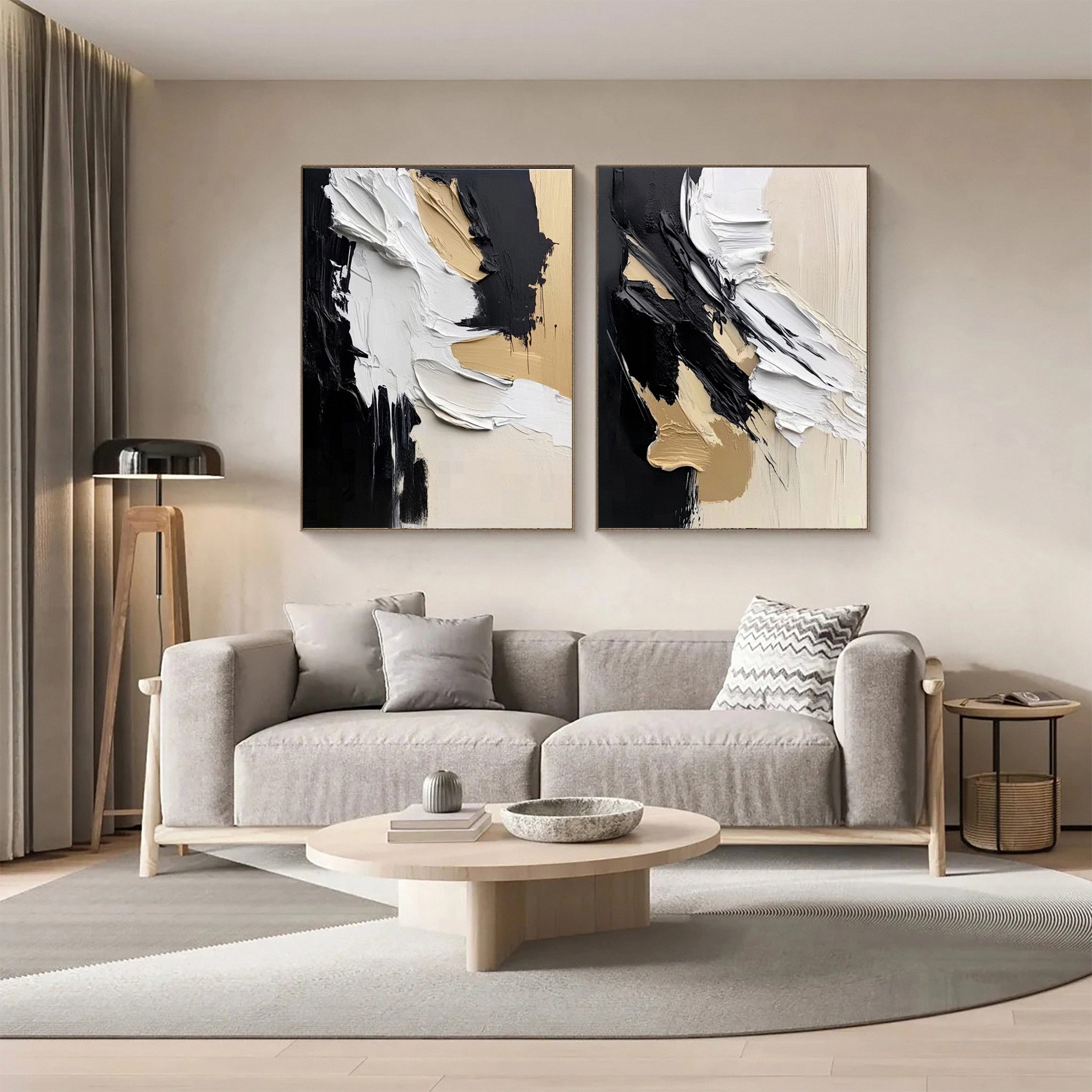 Abstract Black and Beige Textured Canvas Modern Wall Art Diptych #MMS055