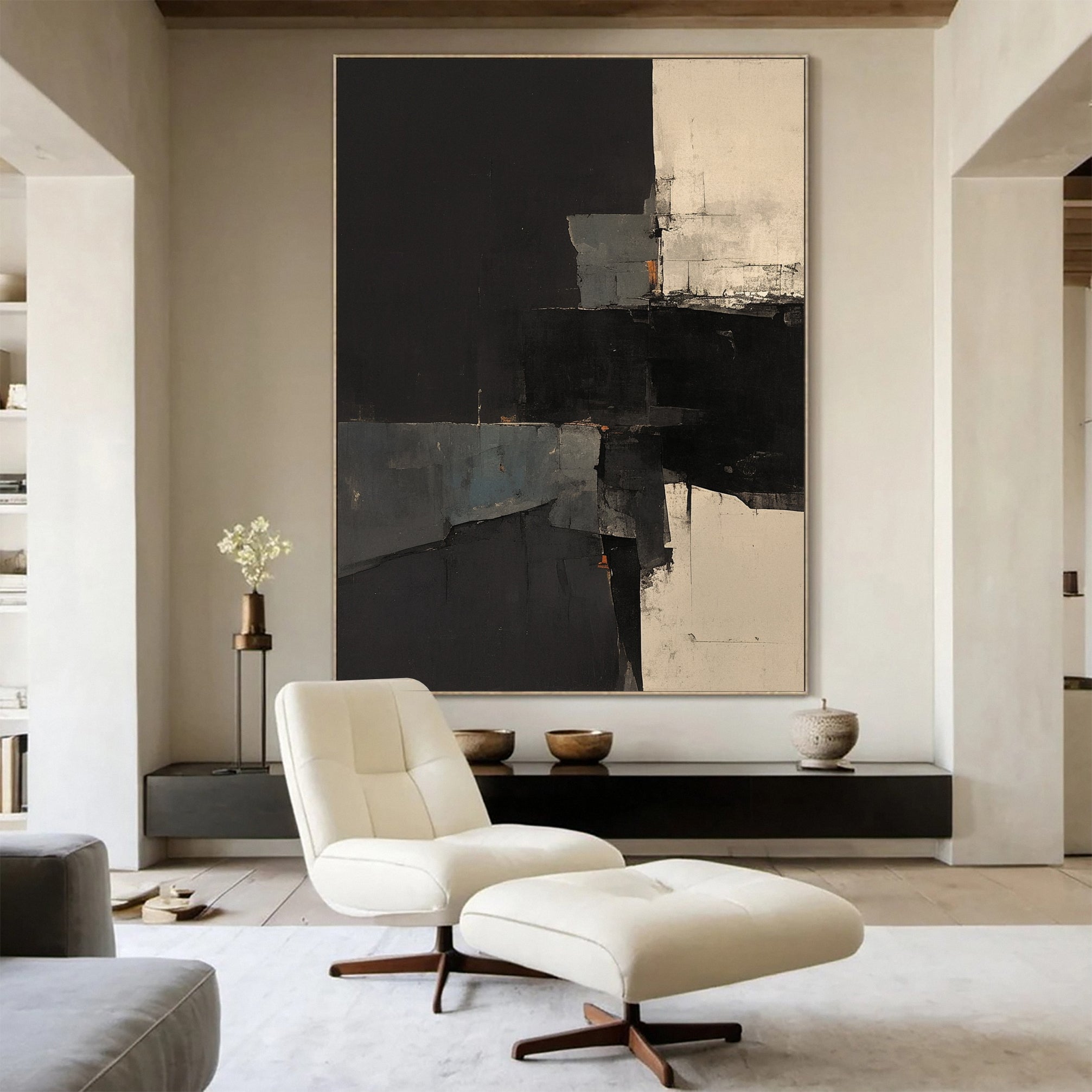 Modern Abstract Painting in Black and Beige #AB033