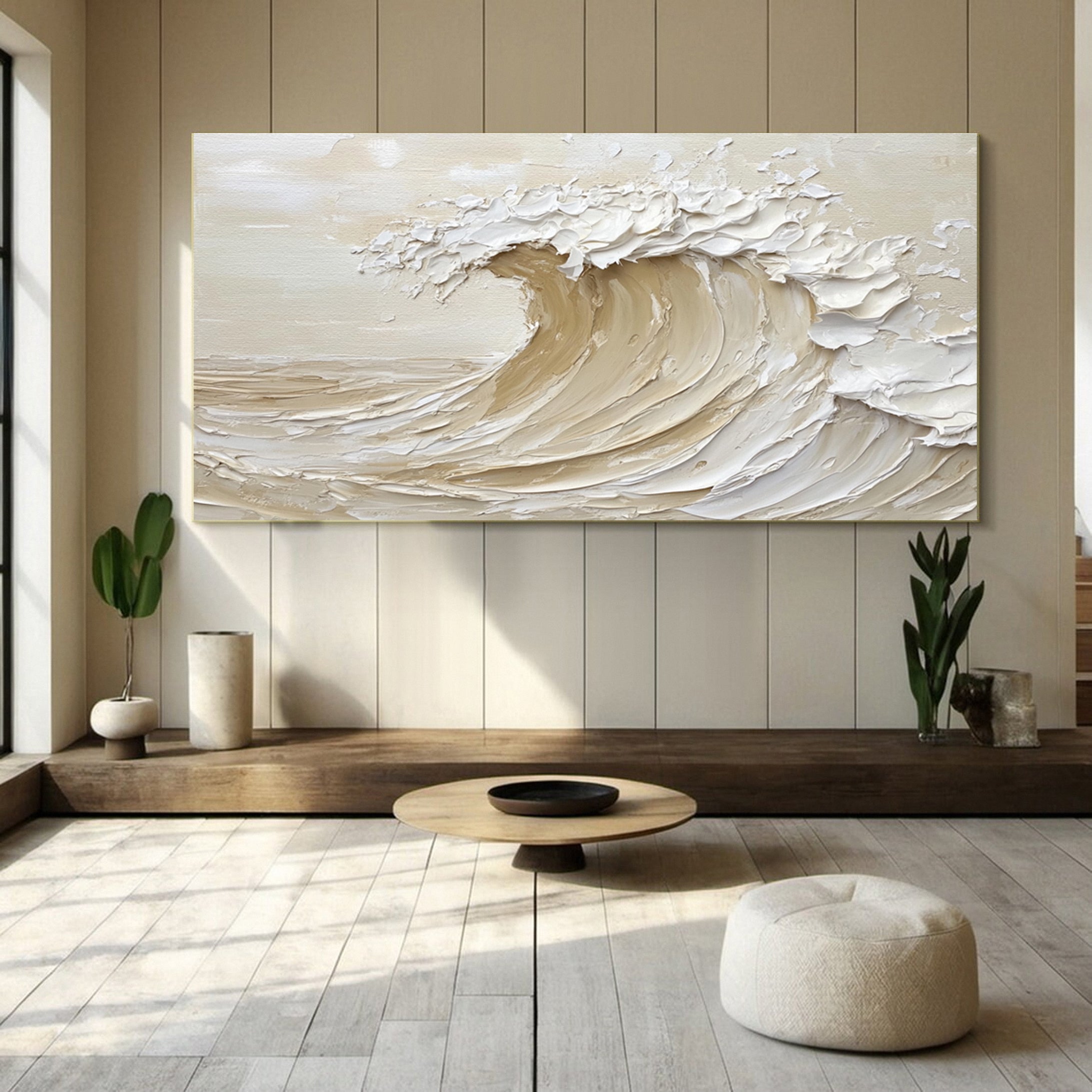 Luxury Coastal Wave Canvas Art Neutral Textured Painting