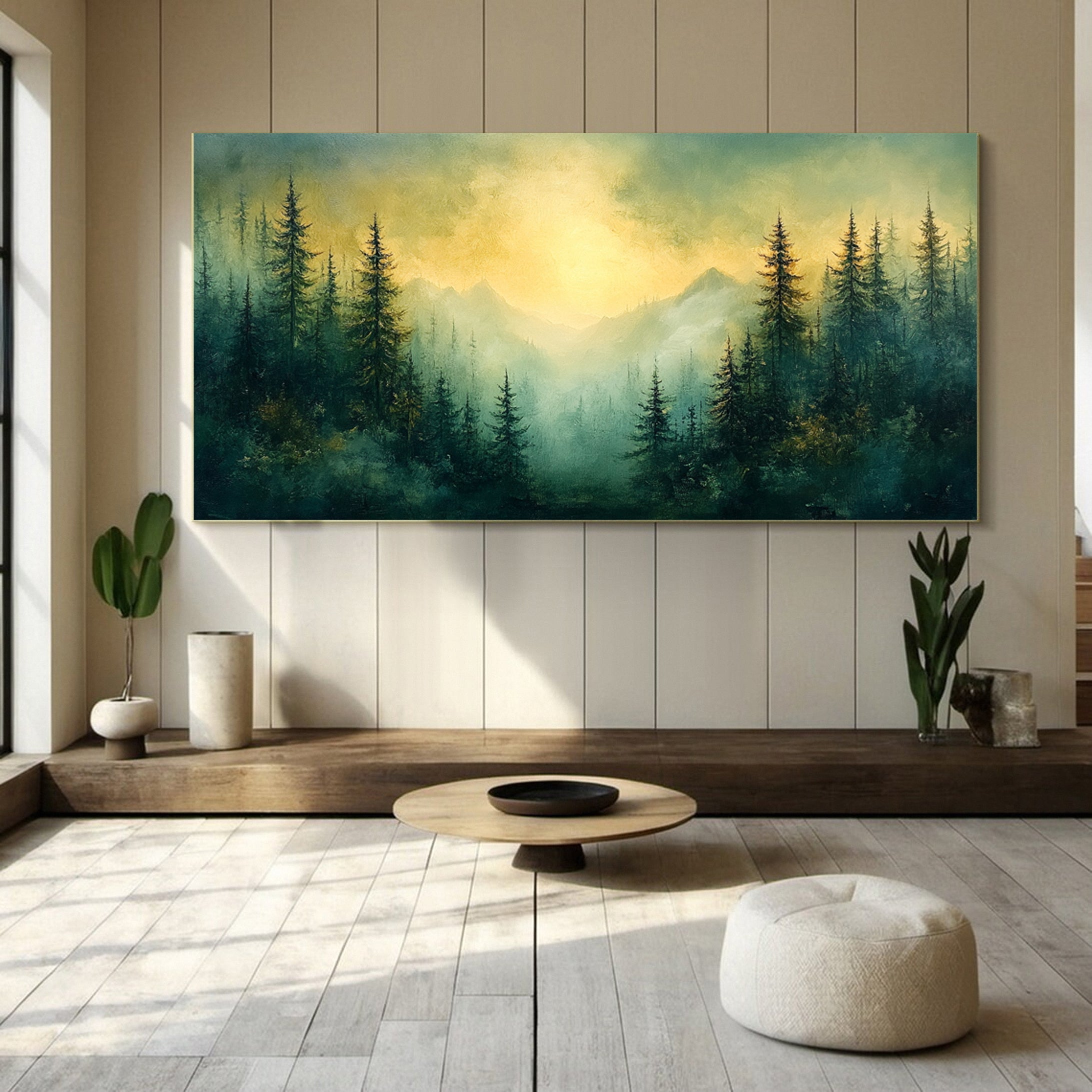 Serene Forest Landscape Wall Art Sunrise Canvas Painting #TP035