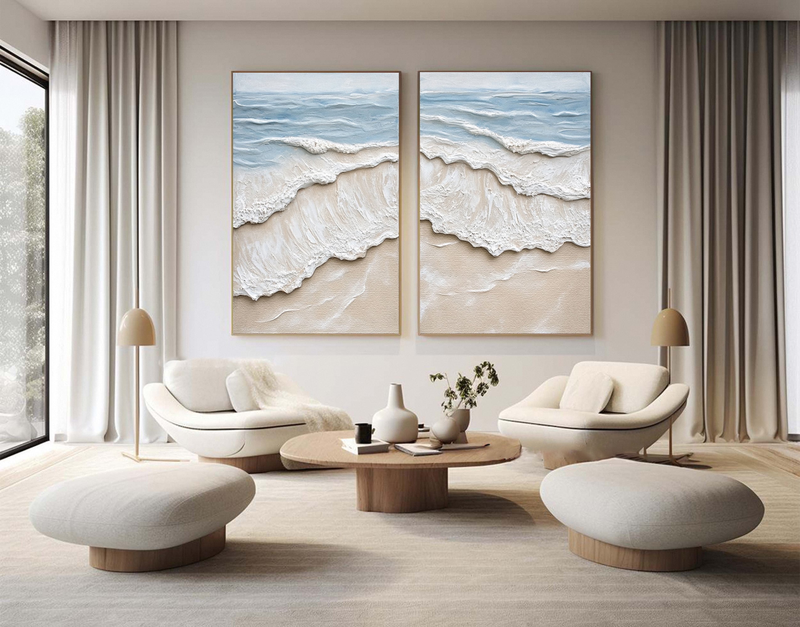 Textured Coastal Wash Diptych: Aerial Seascape with 3D Waves #MM641