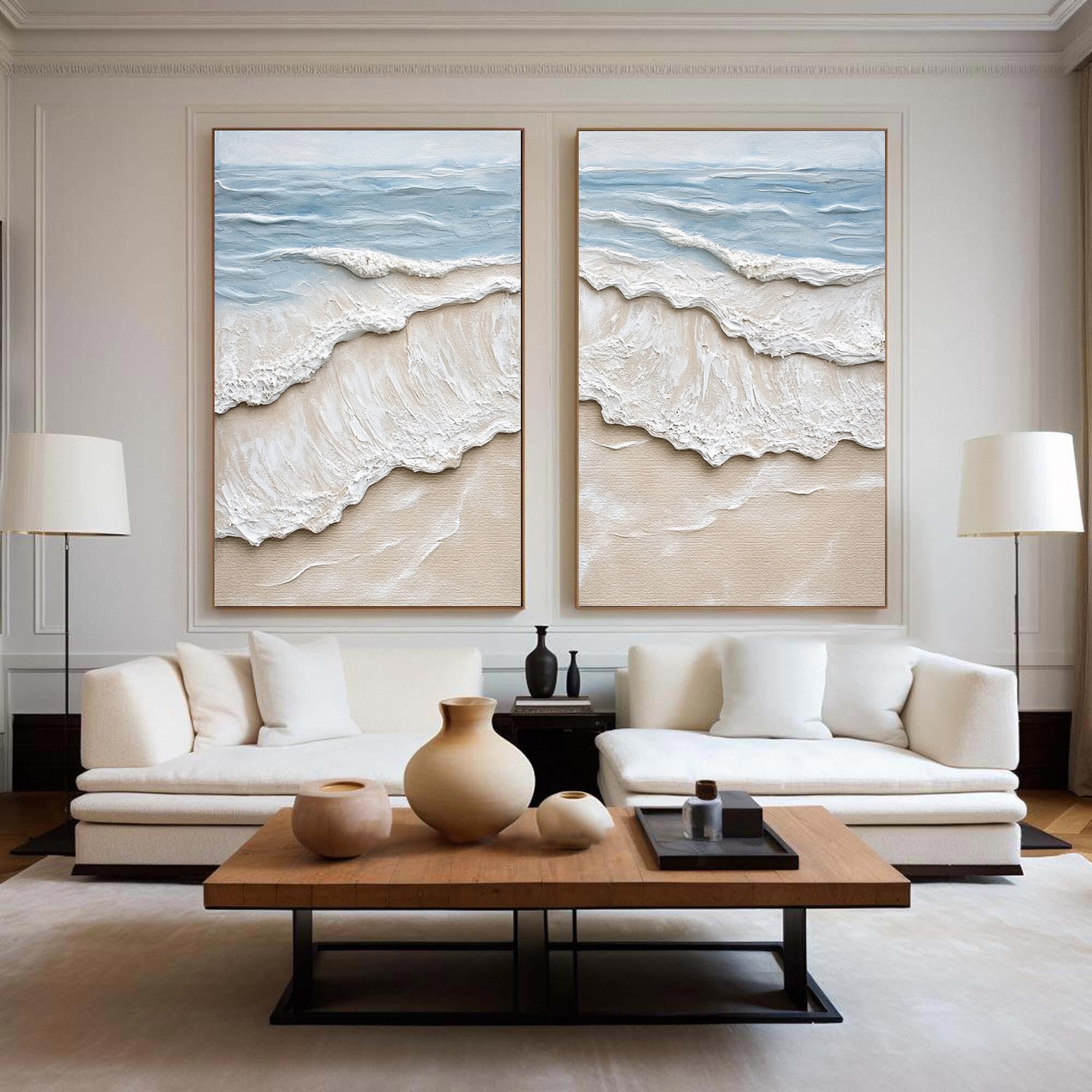 Textured Coastal Wash Diptych: Aerial Seascape with 3D Waves #MM641