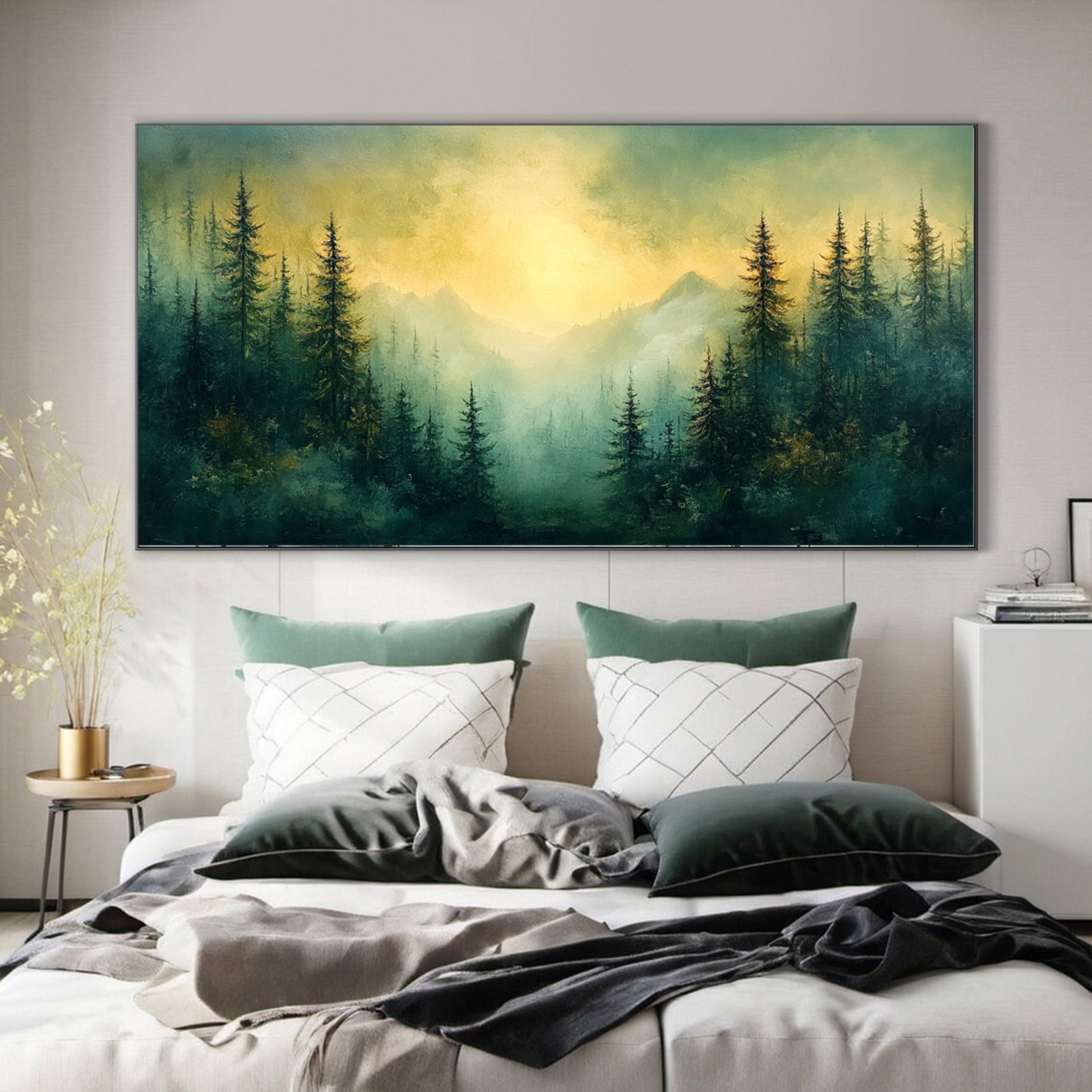 Serene Forest Landscape Wall Art Sunrise Canvas Painting #TP035