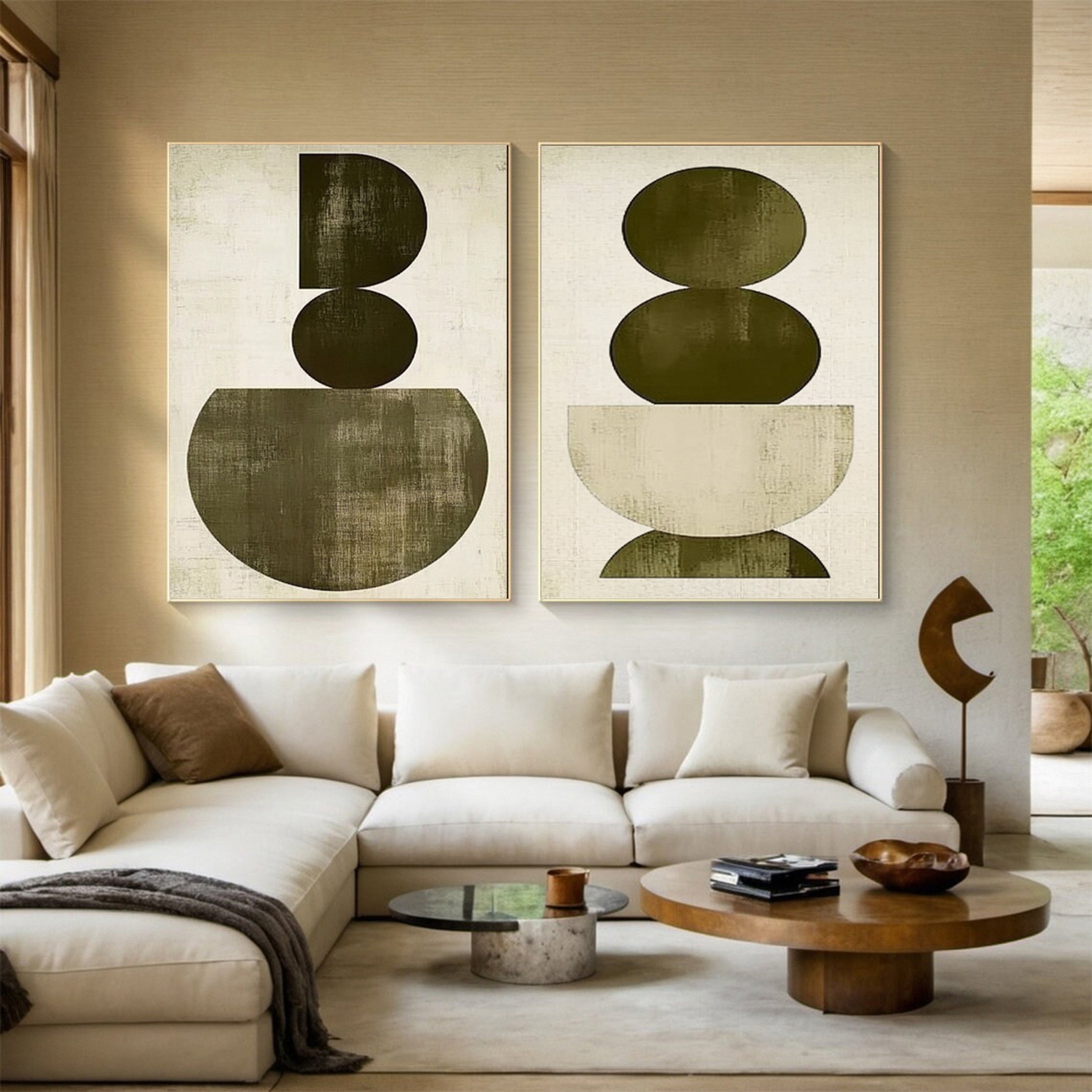 Modern Geometric Diptych Olive Green and Beige Canvas Art #MMS058