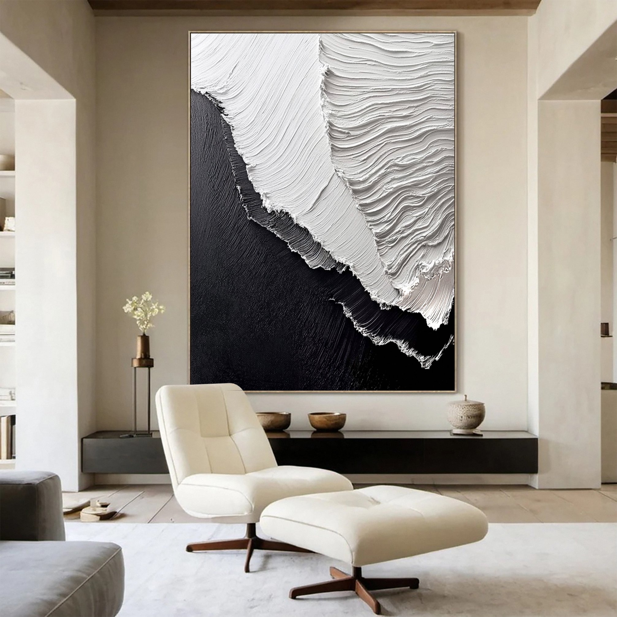 Waves Textured Canvas Black and White Abstract Art #OP039