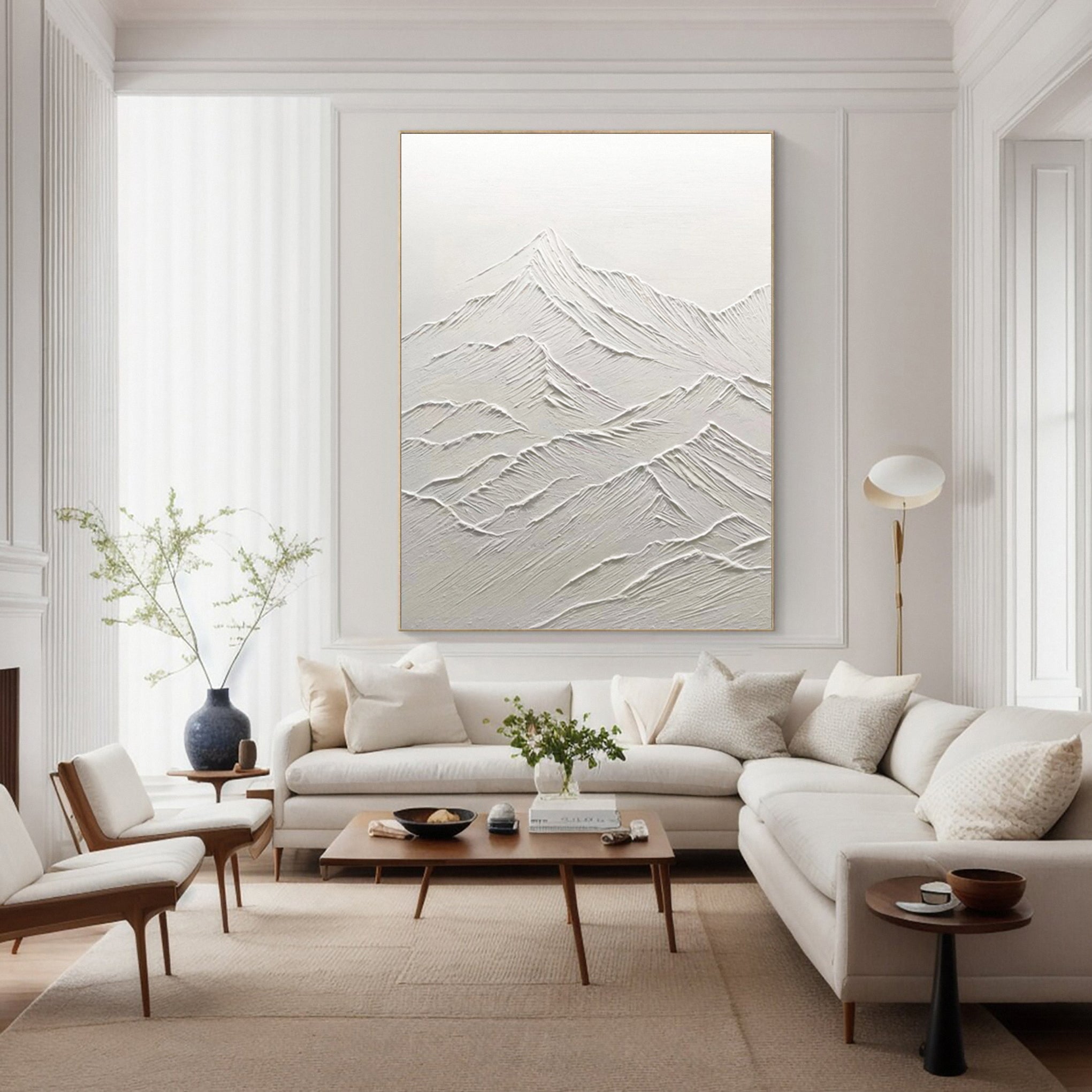 Ethereal White Peaks: Contemporary Canvas with Mountain Forms #MM625