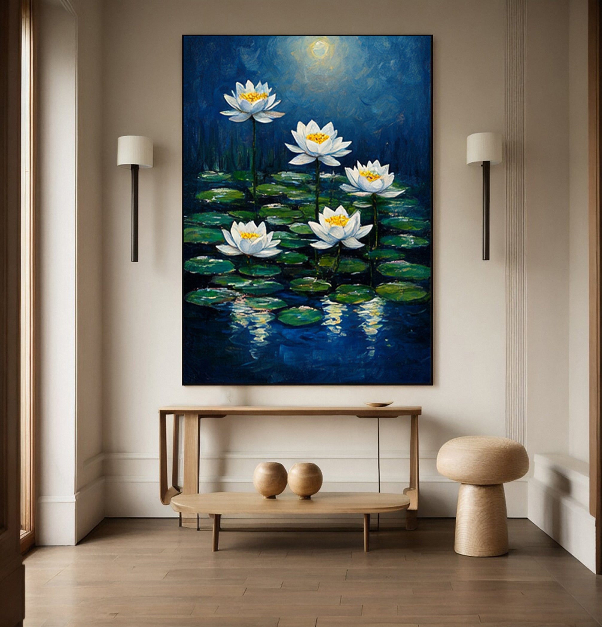 Moonlit Water Lilies: Serene Night Painting with Blooms on Pond #MM644