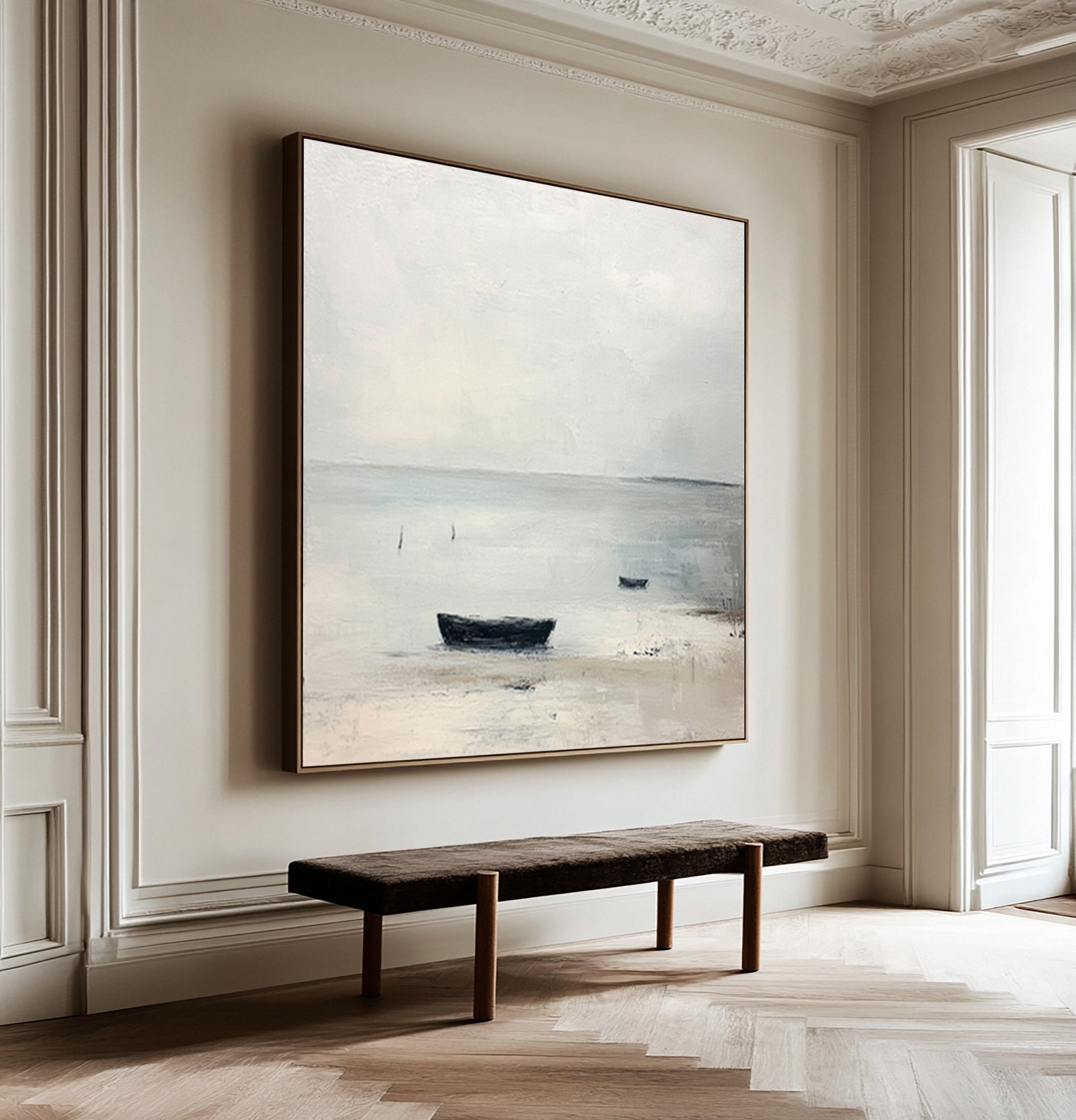 Quiet Coastal Solitude: Minimalist Beach Painting with Rowboat #MM631