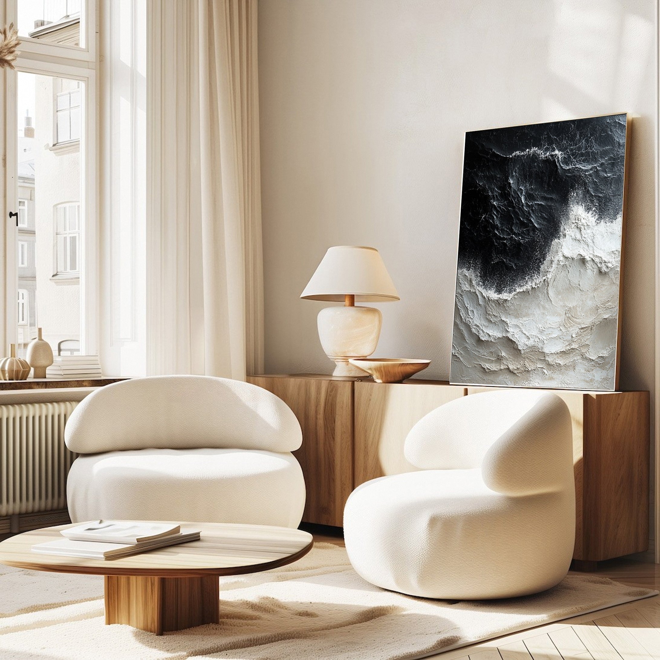 Abstract Black and Beige Wall Art Textured Ocean Canvas Decor #OP040