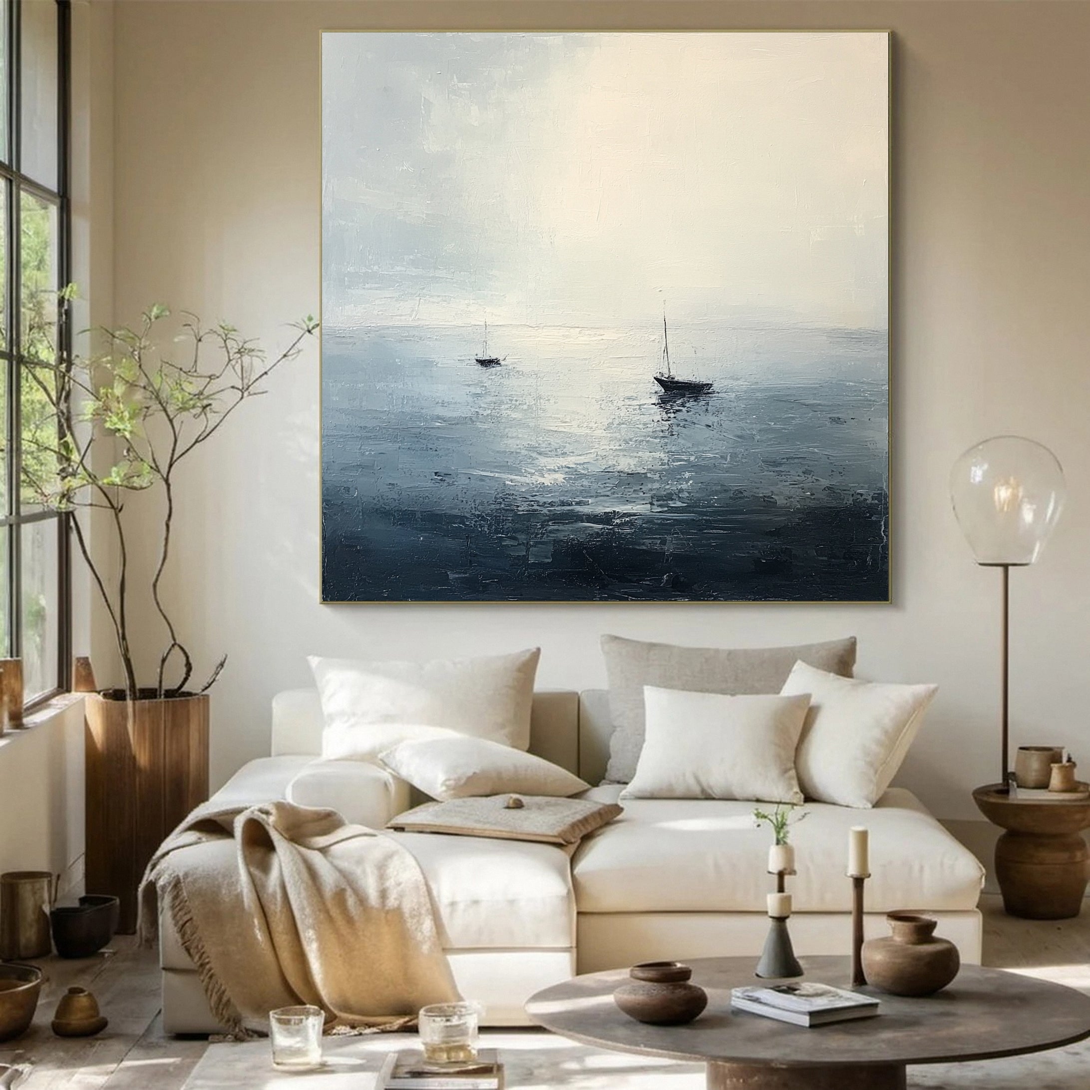 Tranquil Ocean Painting with Sailboats for Modern Homes #AB031