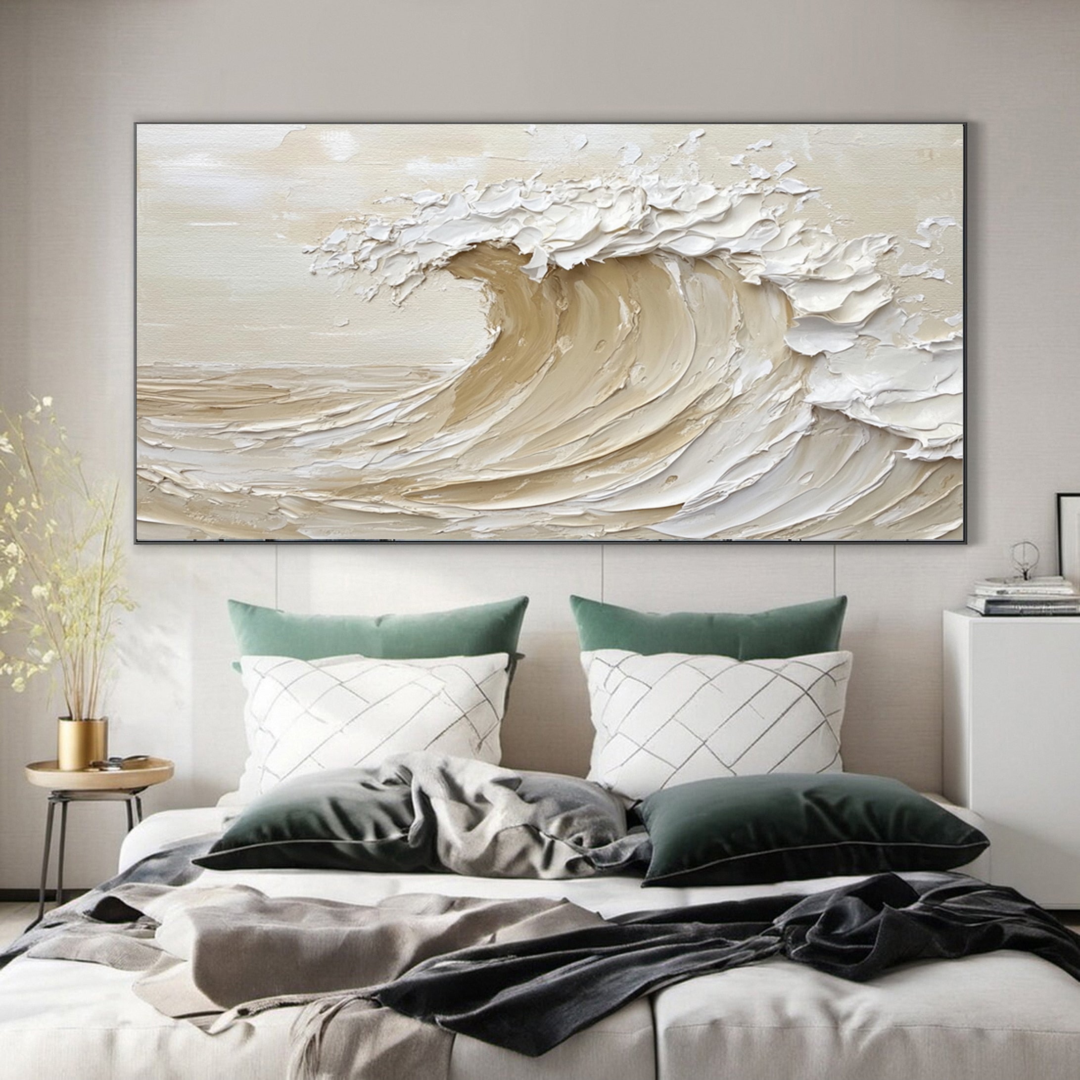 Luxury Coastal Wave Canvas Art Neutral Textured Painting #OP045