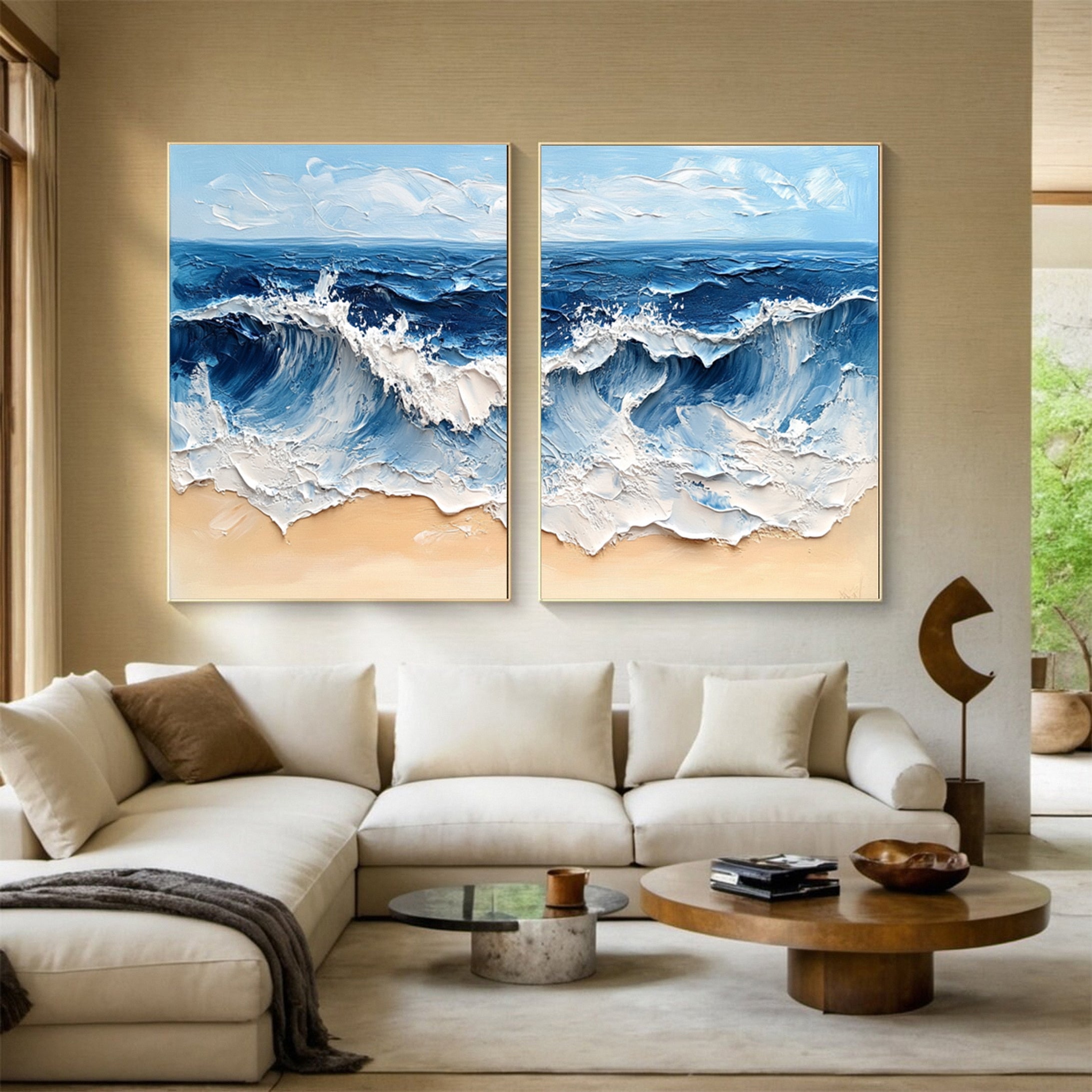 Ocean Wave Diptych Textured Abstract Coastal Canvas Art