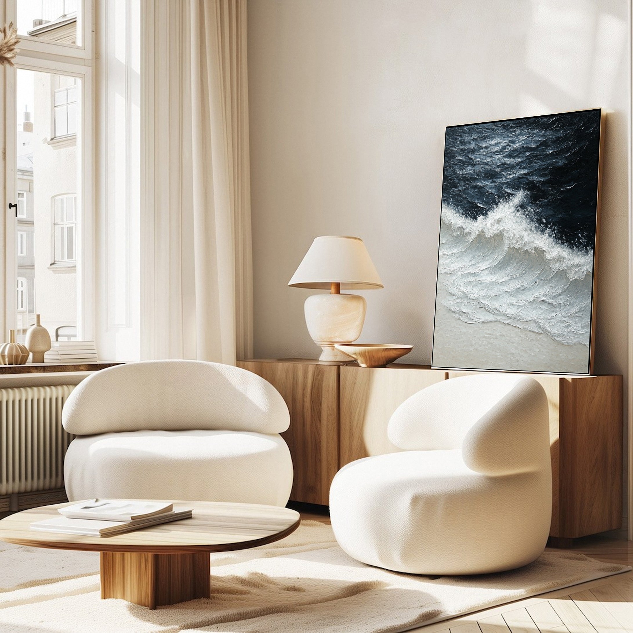 Modern Coastal Wall Art White Textured Ocean Canvas #OP037