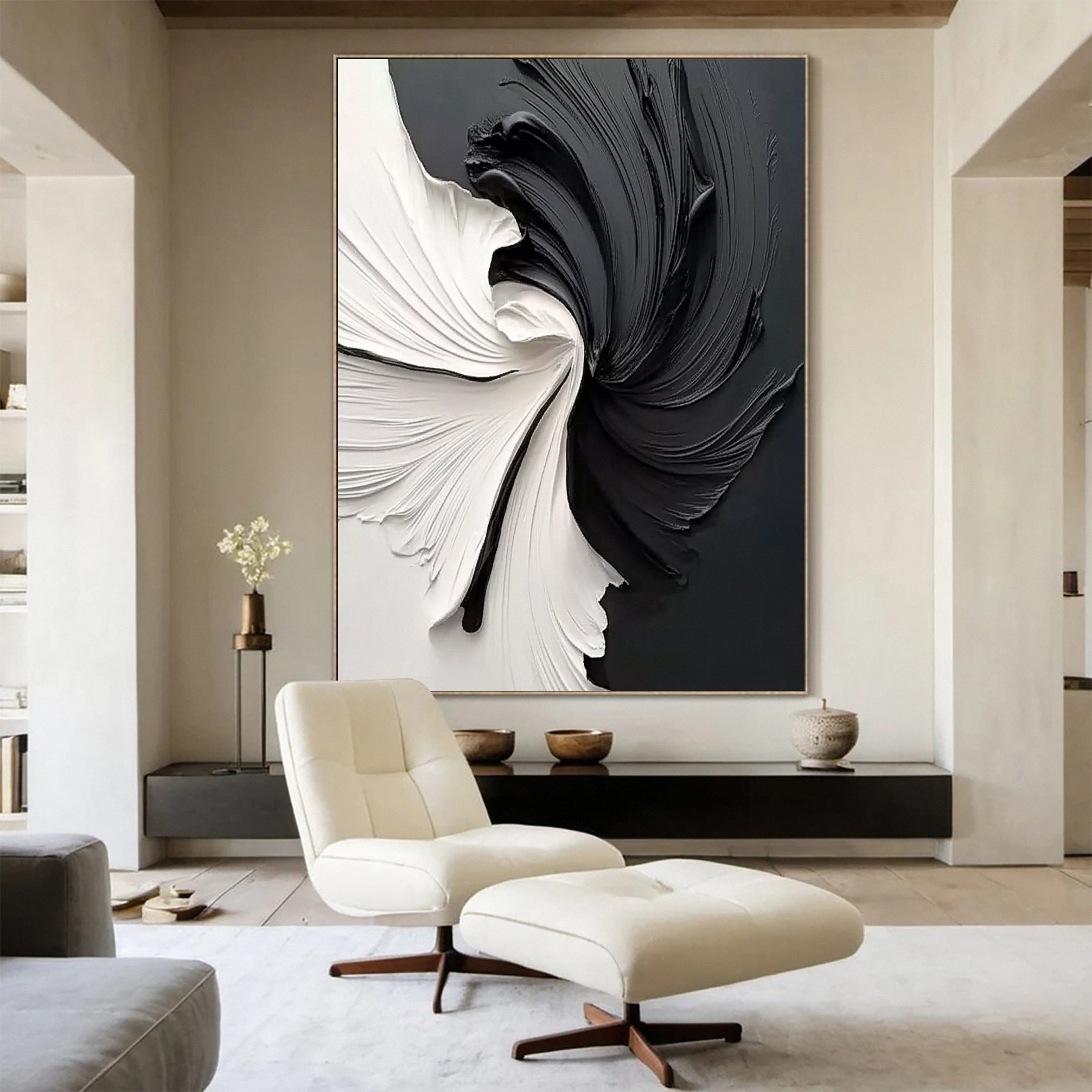 Oversized Black and White Textured Swirl Art Minimalist Decor #MM153