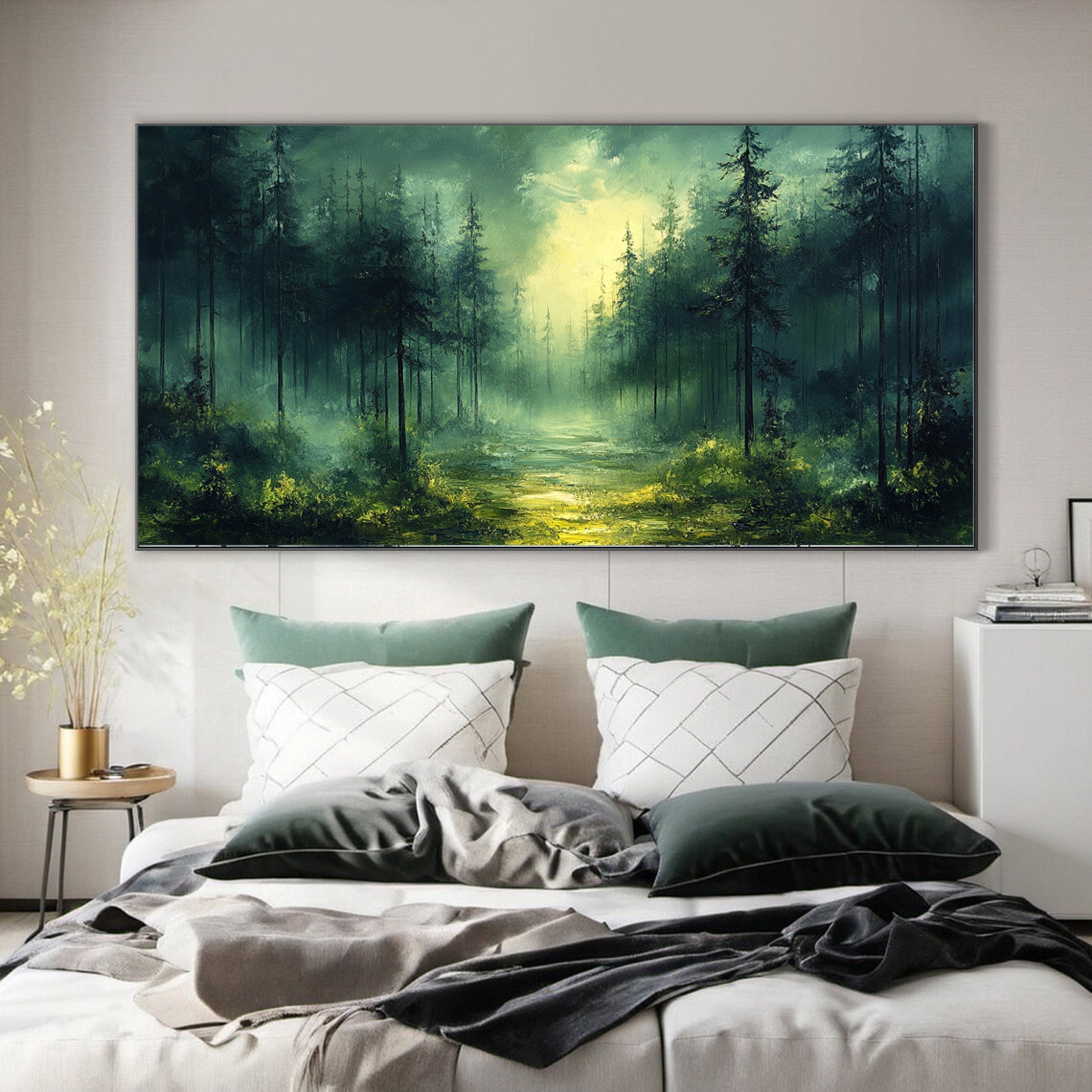 Green Forest Sunrise Canvas Large Landscape Wall Art for Home #TP036