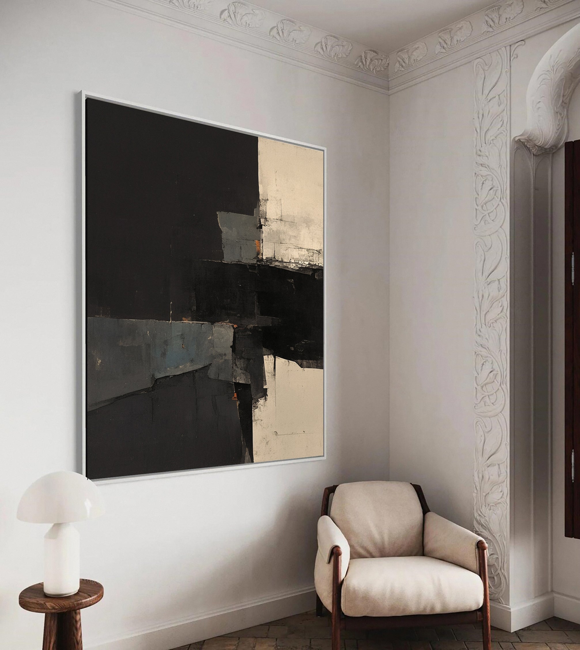 Modern Abstract Painting in Black and Beige #AB033