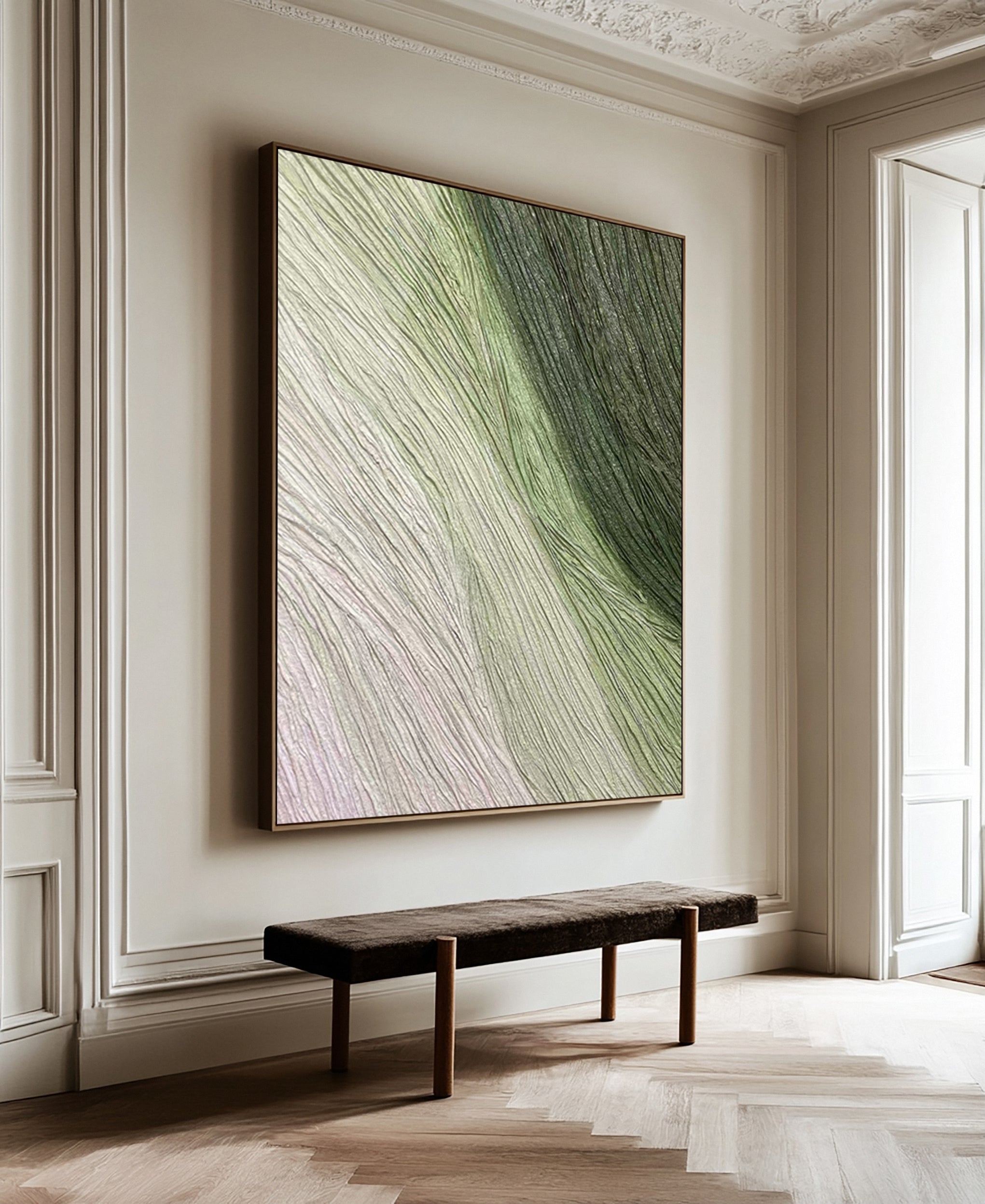 Contemporary Abstract Art with Gentle Green and Neutral Lines #MM633