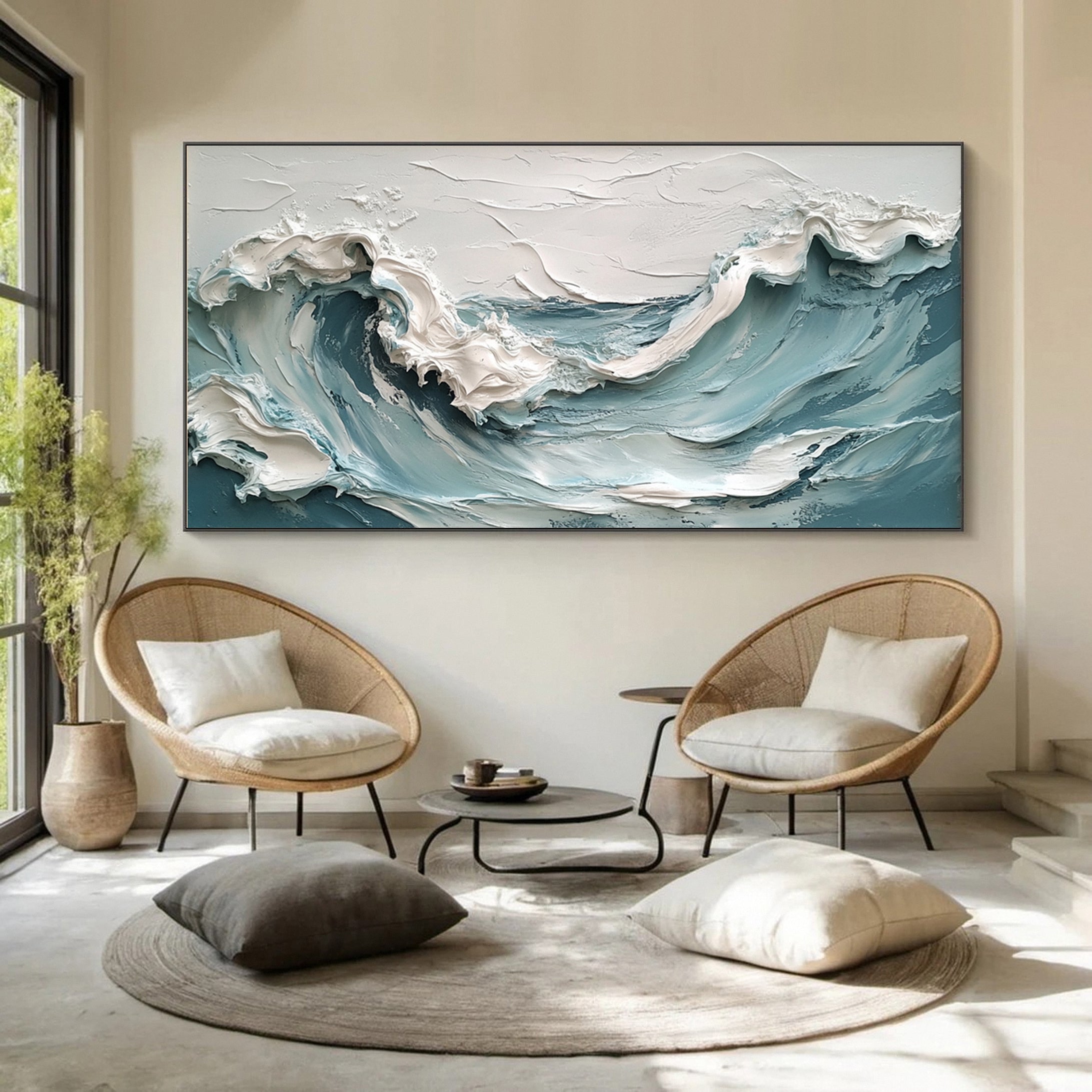 Textured Ocean Wave Painting Modern Coastal Canvas Art for House #OP017