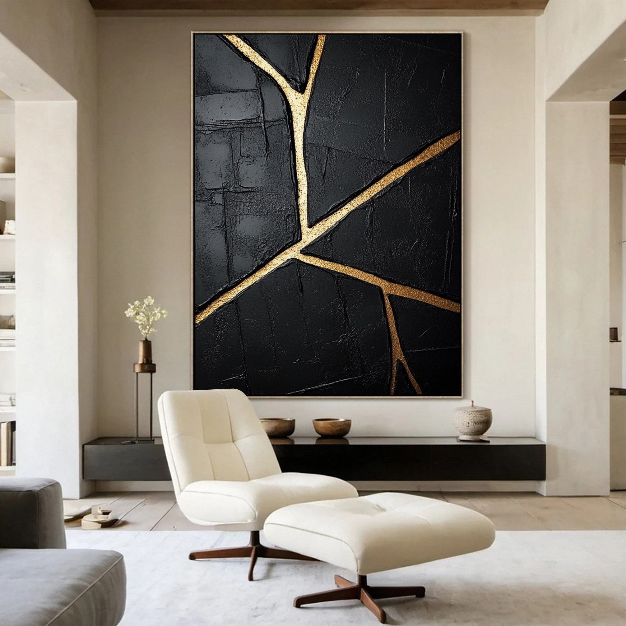 Gold Streaked Black Abstract Canvas for Elegant Interiors #MM109