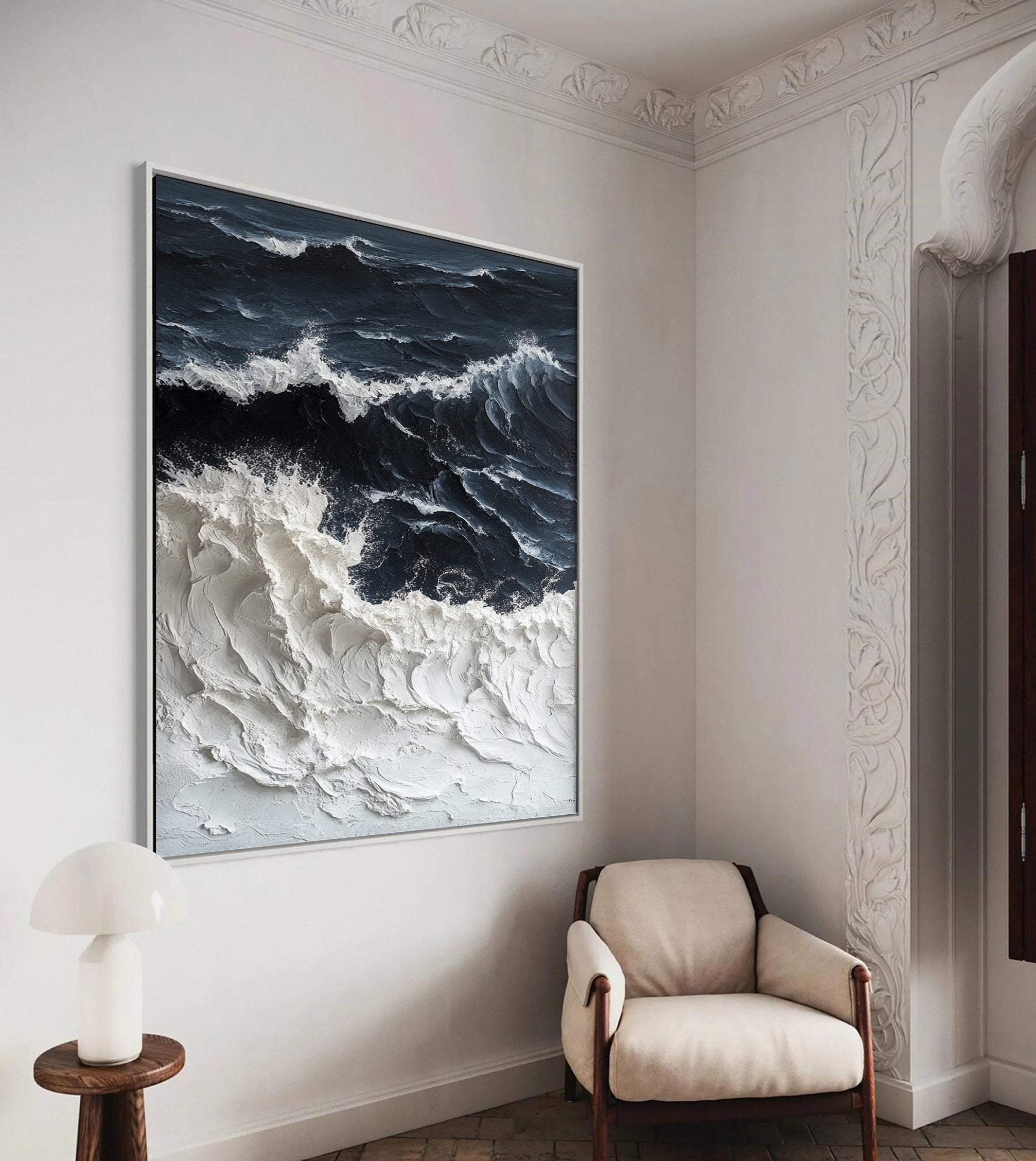 Abstract Black and White Wall Art Textured Ocean Canvas #OP041