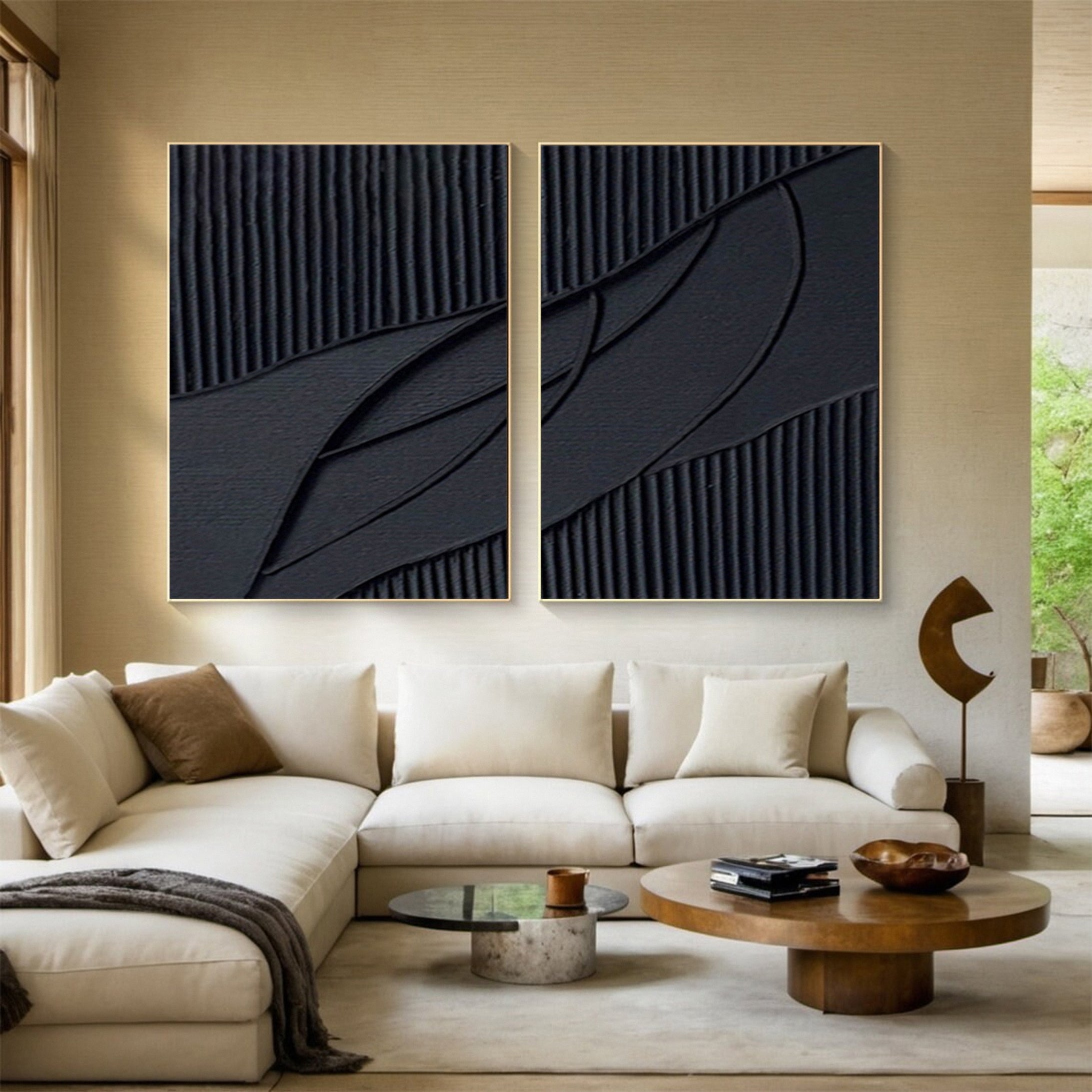 Black Textured Abstract Diptych Minimalist Wall Art Set #MMS053