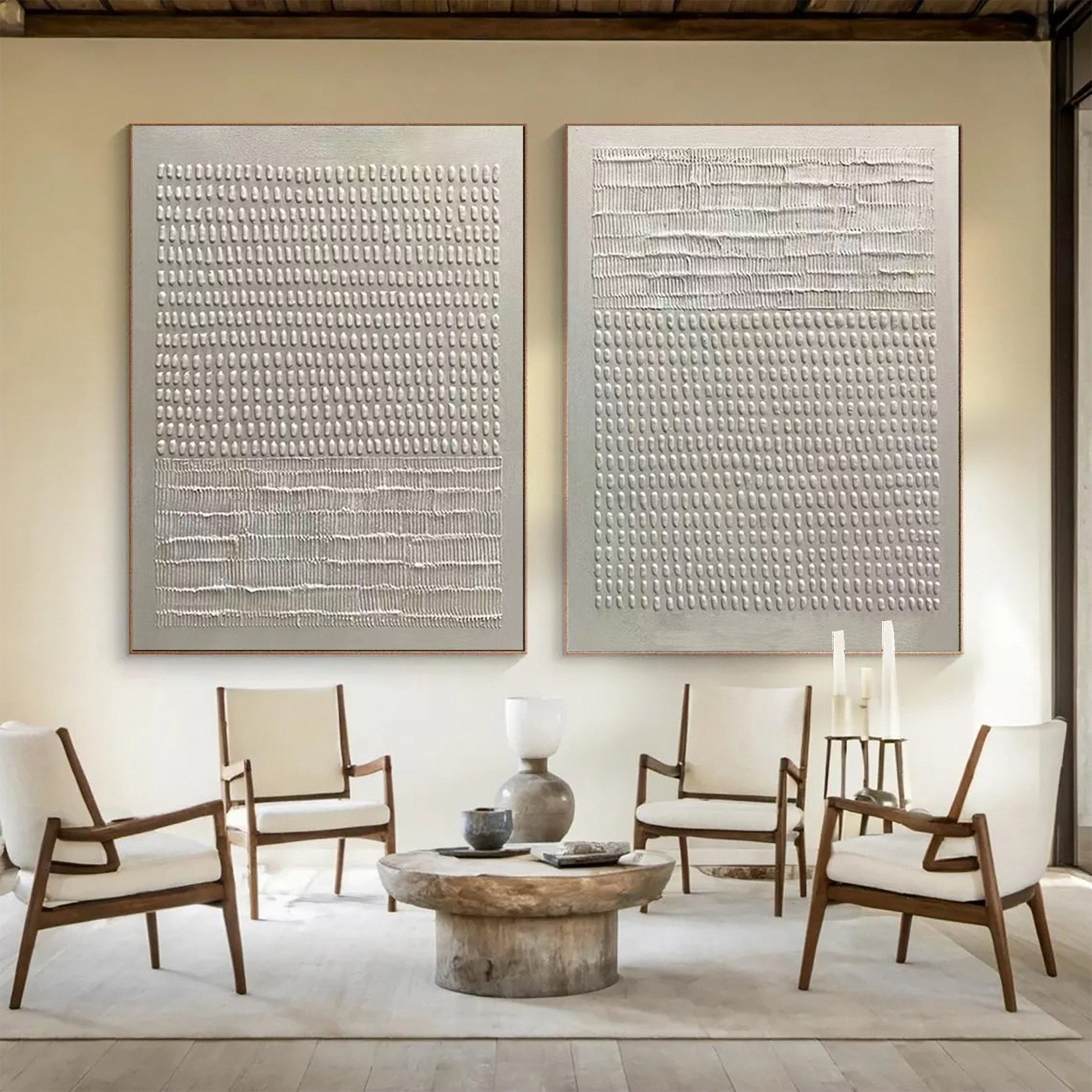 Organic Linear Impressions:Modern Diptych with Textured Bands #MM624